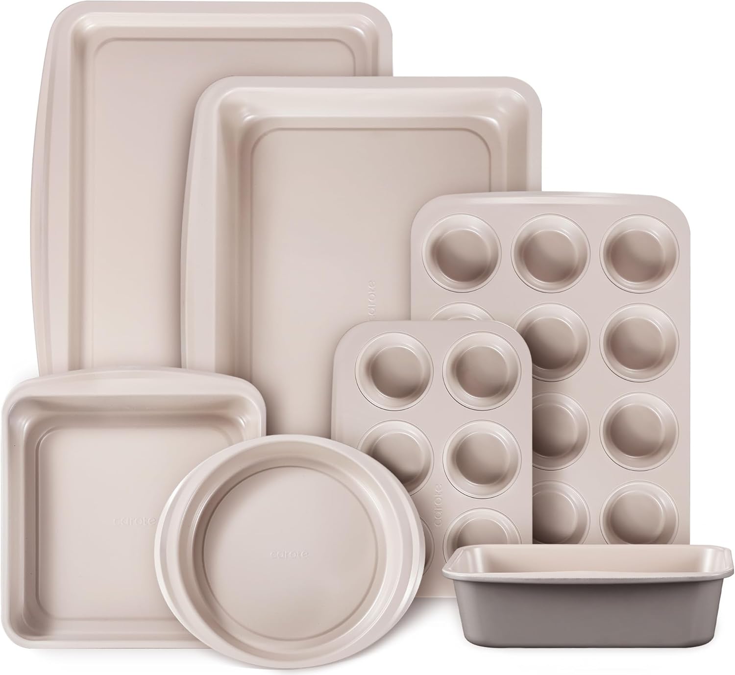 CAROTE 7-Piece Nonstick Stackable Baking Pans Set – Bakeware Sets Including Cookie Sheets for Baking, Muffin Pan, Bread Pan, Cake pan, Loaf Pan, Roasting Pan, Gray & Khaki