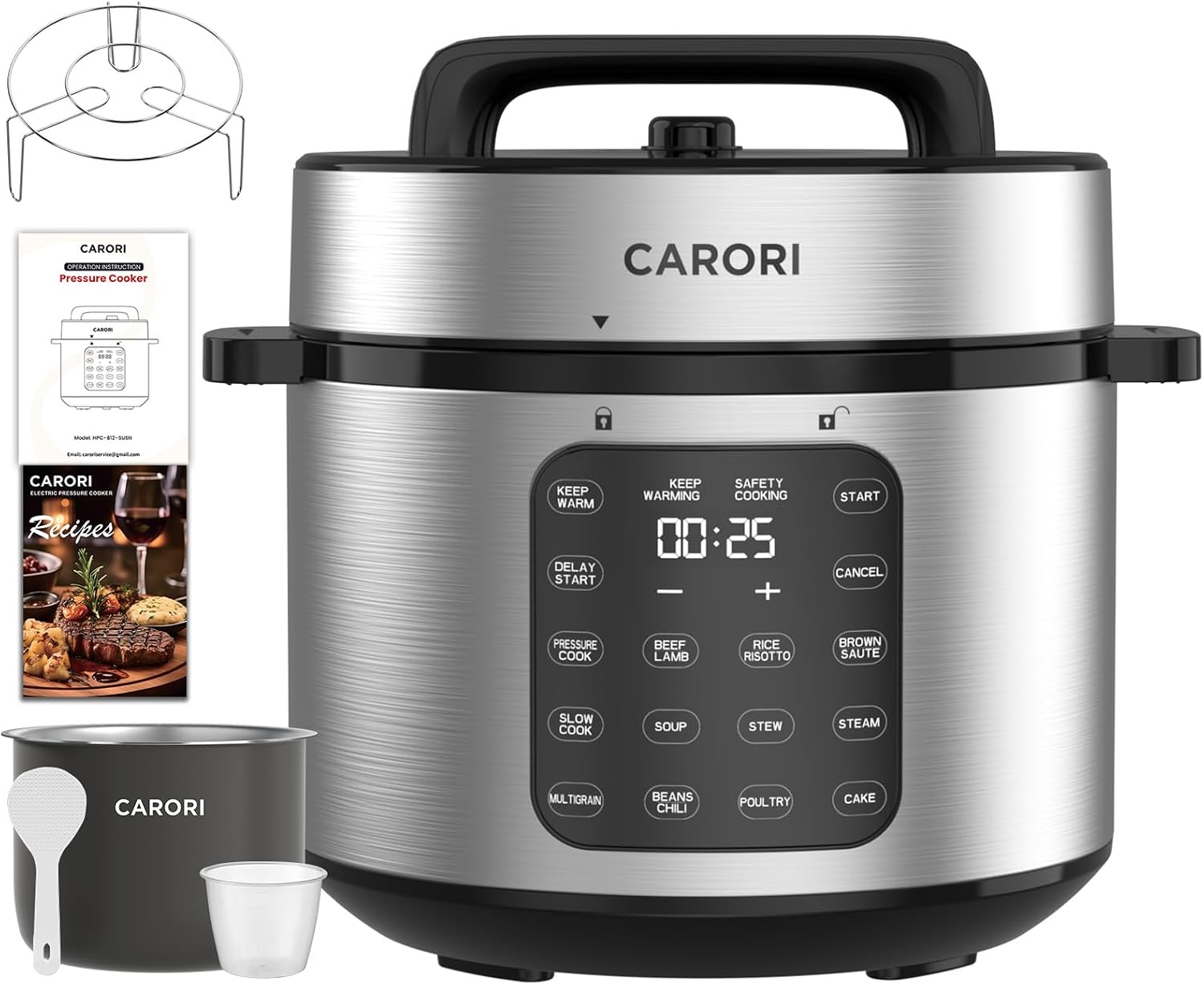 8 Qt 9-in-1 Electric Pressure Cooker, 1200W Instant Multi-Cooker, IMD Touchscreen, Olla de Presion, Non-Stick Pot, Rice Cook, Slow Cook, Steamer, Sauté, Warmer, Safe Venting, Silver