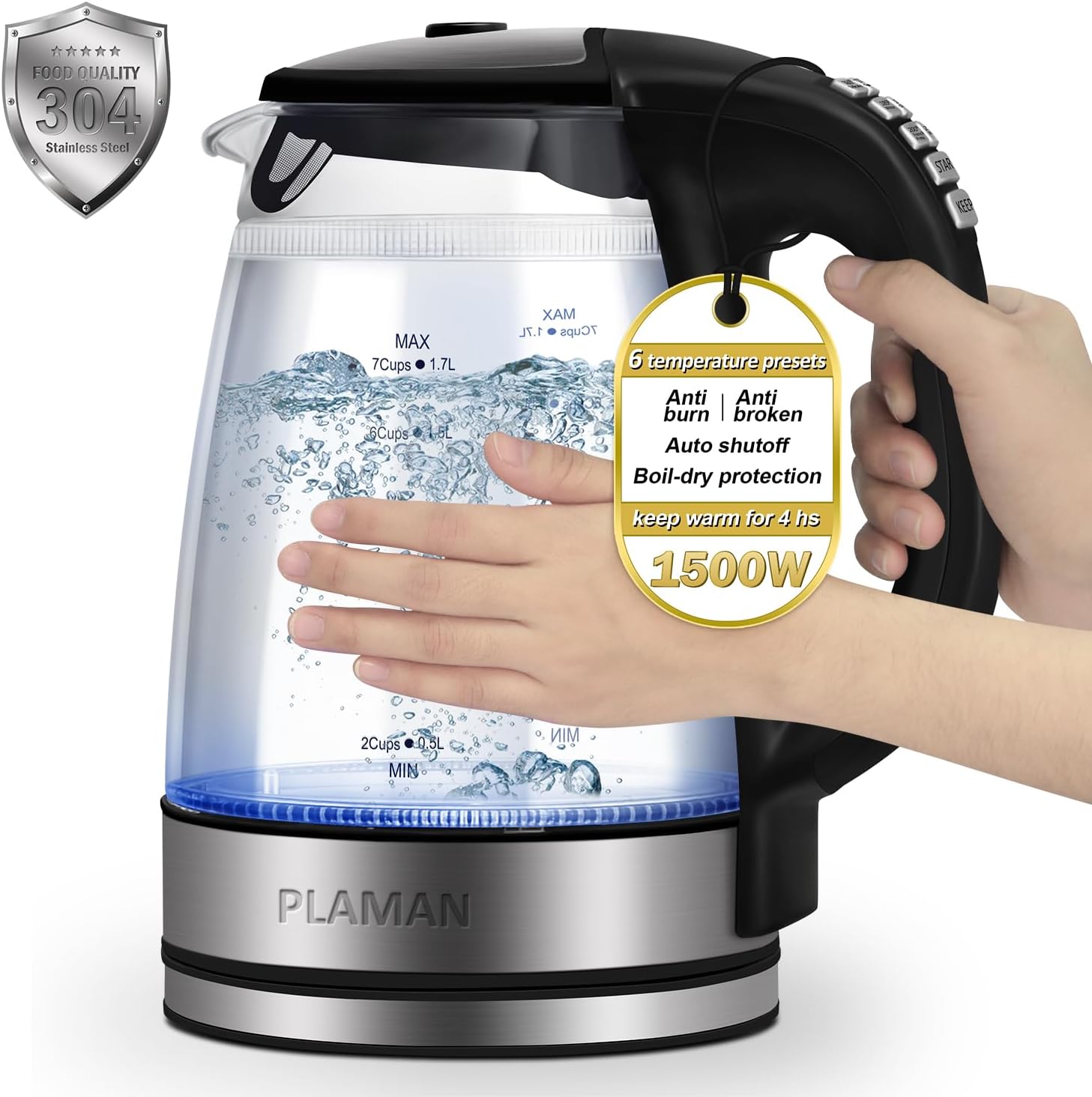 1500W Electric Kettle with Temperature Control – 6-Temp Presets for Tea/Coffee, Double Wall Cool-Touch, 4H Keep Warm, 1.7L Borosilicate Glass & BPA-Free, Fast Boil for Home/Office