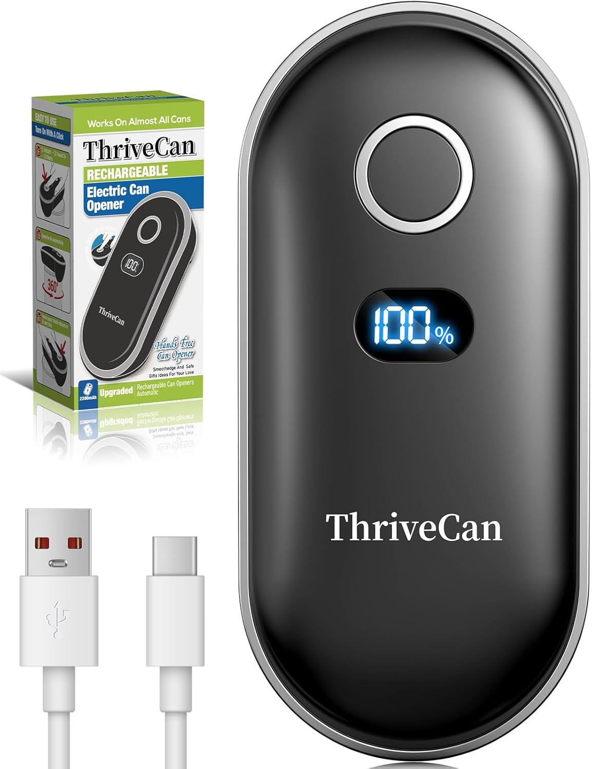 Rechargeable Electric Can Opener – One-Touch for Seniors & Arthritis & Weak Hands, Smooth-Edge Side-Cut, Hands Free & Easy, Ergonomic Design Works on All Can Sizes, Ideal Kitchen Gift Black