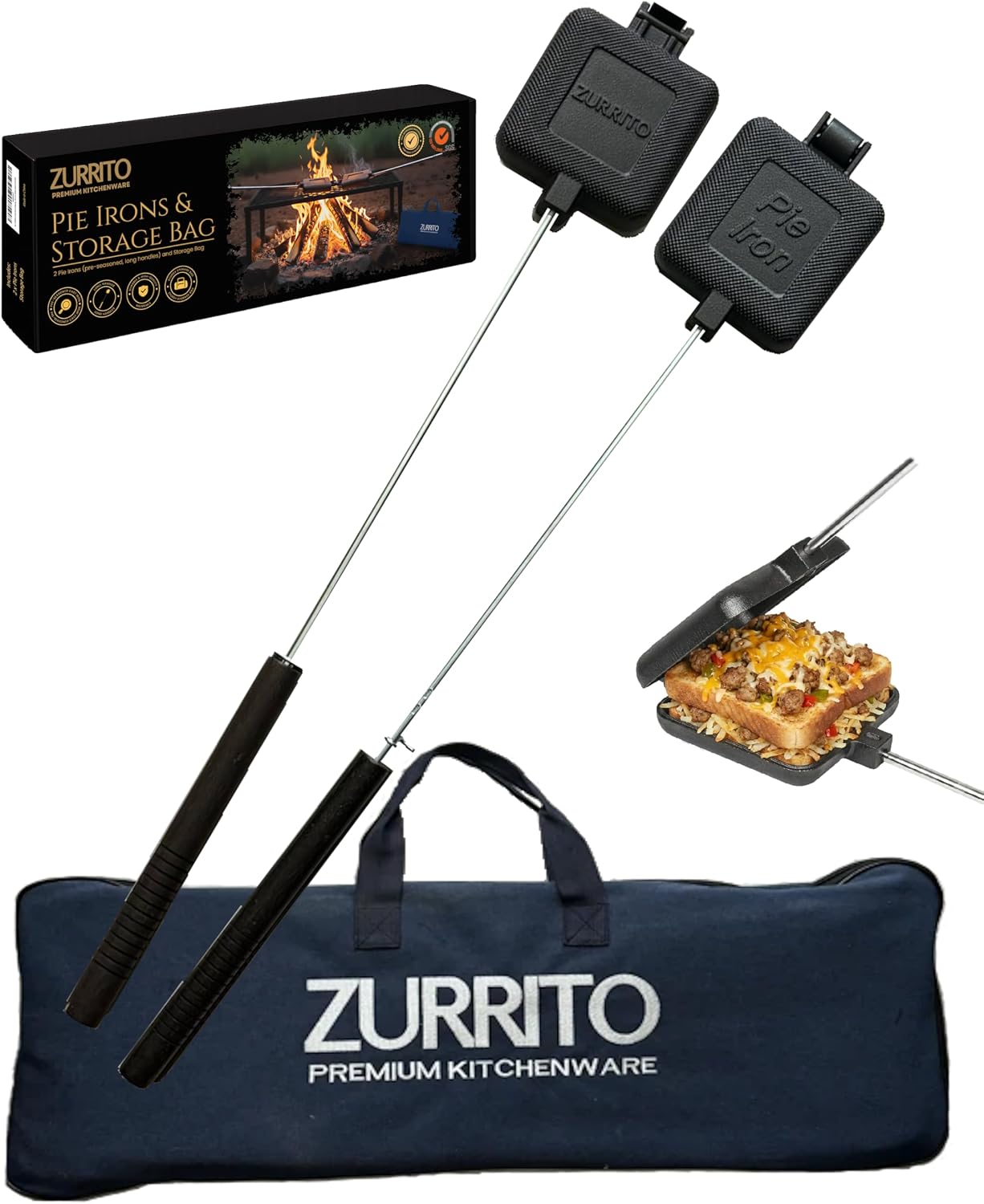 2x Campfire Pie Iron (28inches Long) Storage Bag Bundle Set, Cast Iron Pie Pan, Mountain Pie Maker, Cast Iron Sandwich Maker, Pie Iron for Camping, Campfire Sandwich Maker