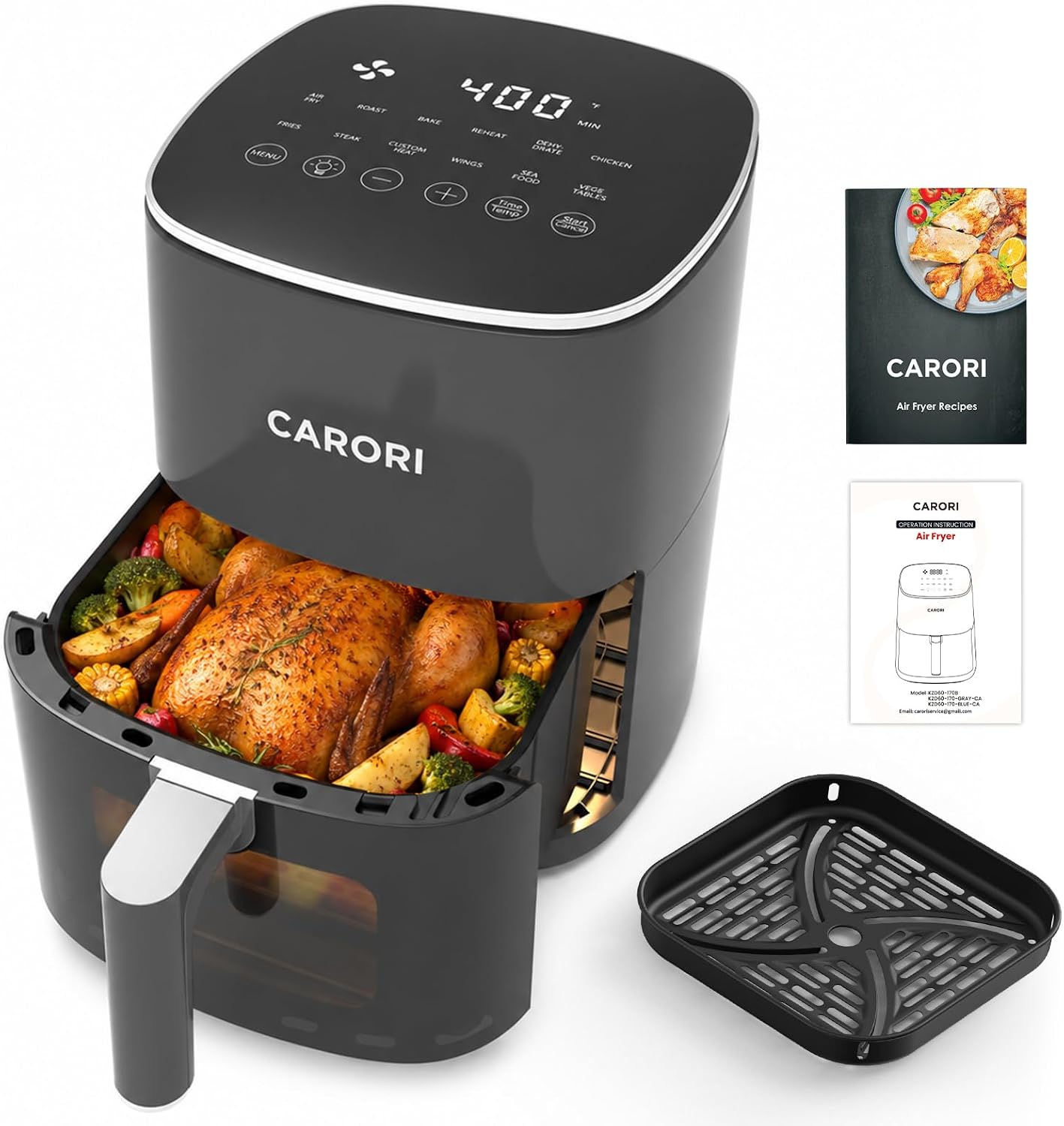 CARORI 6 Qt Air Fryer with Viewing Window, 12 Presets, 1700W, 400°F Max, Large Nonstick Dishwasher-Safe Basket, Bake, Roast, Reheat, Dehydrate, Gray