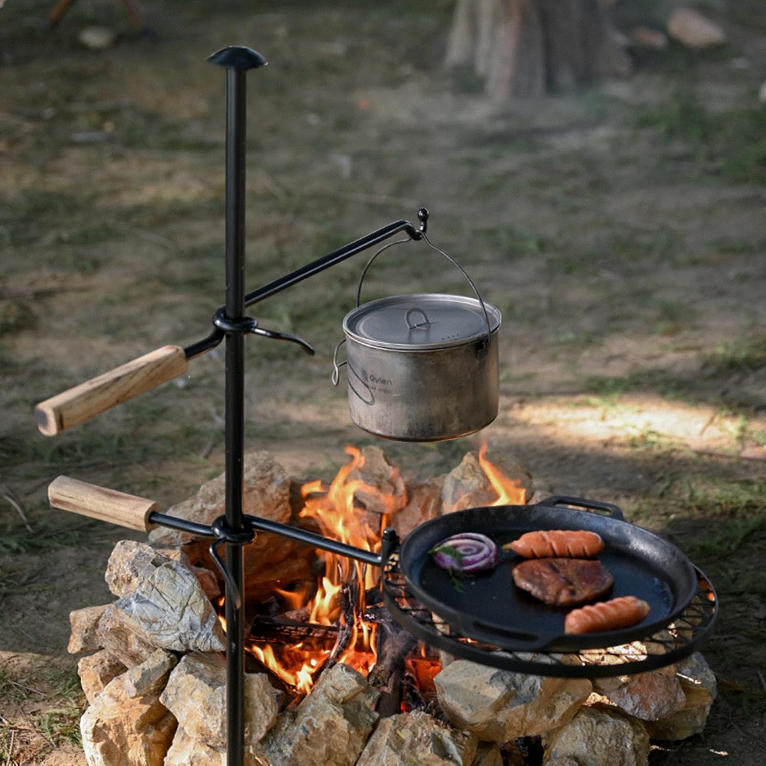 Fire Pit Slot Grill, Adjustable Swivel Campfire Grill Heavy Duty BBQ Steel Grate, HZGAMER Campfire Cooking Equipment Camping Grill for Outdoor Barbecue Over Open Fire