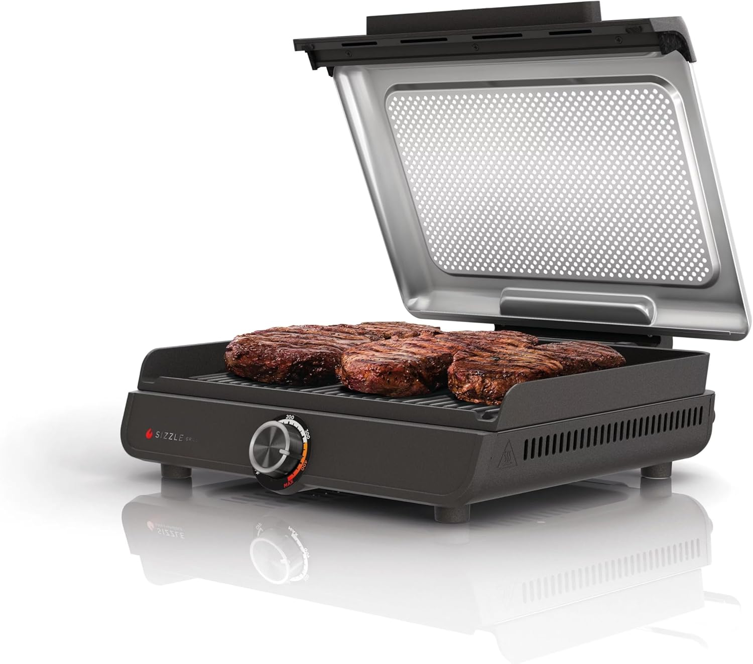 Ninja GR100 Sizzle Smokeless Indoor Grill with Nonstick Grill Plate, Dishwasher-Safe Removable Mesh Lid, 500F Max Heat, Even Edge-to-Edge Cooking, Black (Renewed)