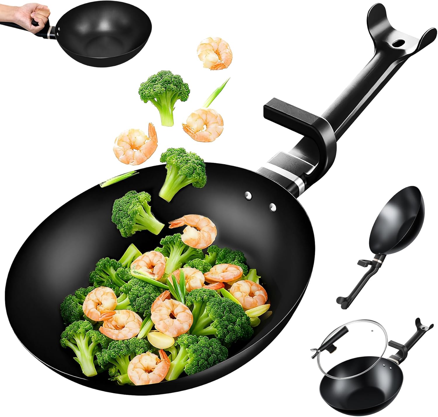Carbon Steel Wok Pan, Non-stick sauté pan Nitriding Process,13 Inch Woks & Stir-fry Pans Nonstick with Ergonomic Handle, Cookware, Pots and Pans,Versatile Bottom Chinese Woks for All Stoves
