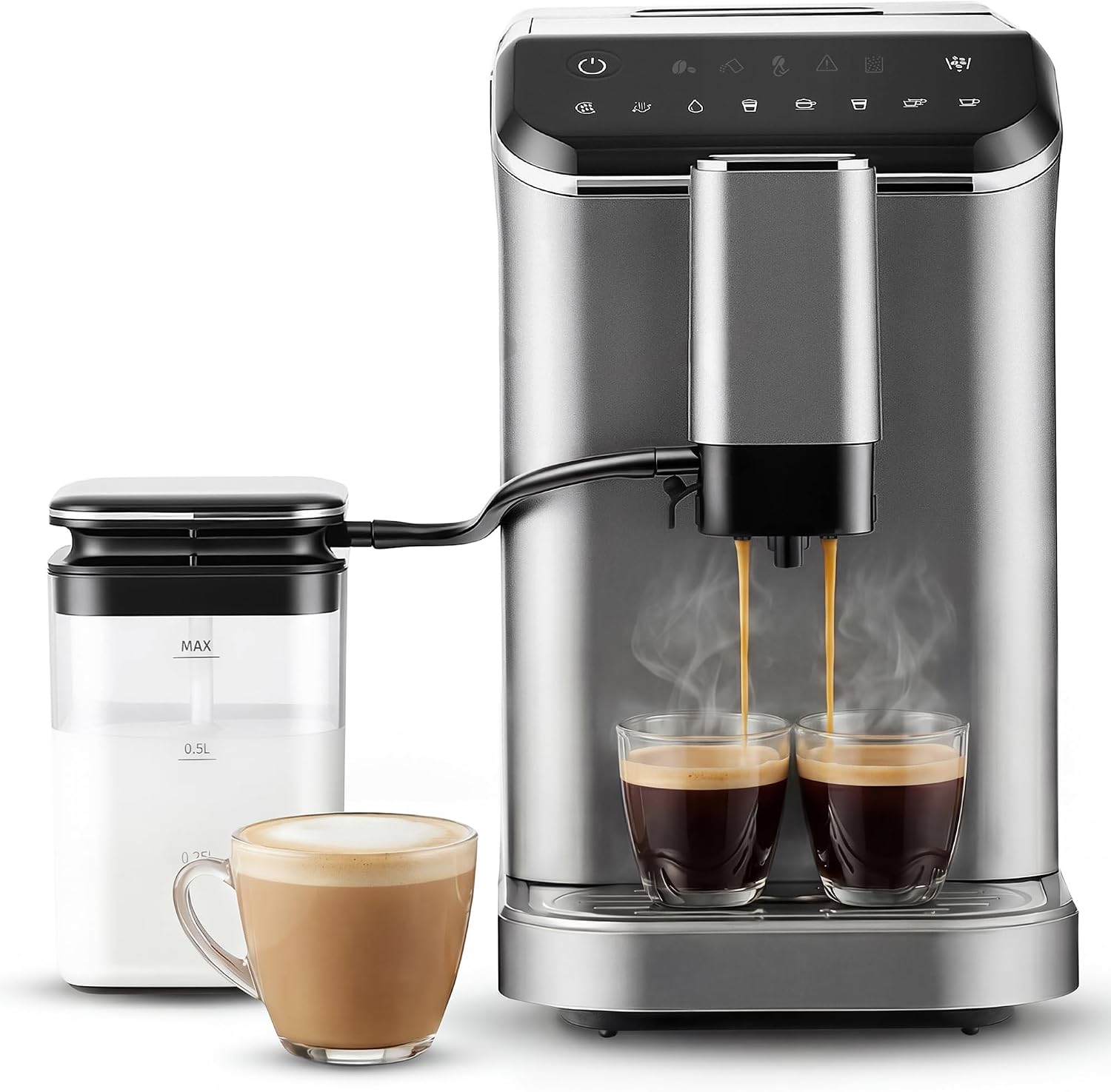 EKOJUCE Fully Automatic Espresso Machine, 20 Bar Coffee Maker with Grinder and Integrated Milk Frother, Automatic Espresso Machine with Touch Screen, 15-Grind Settings Coffee Machine for Home