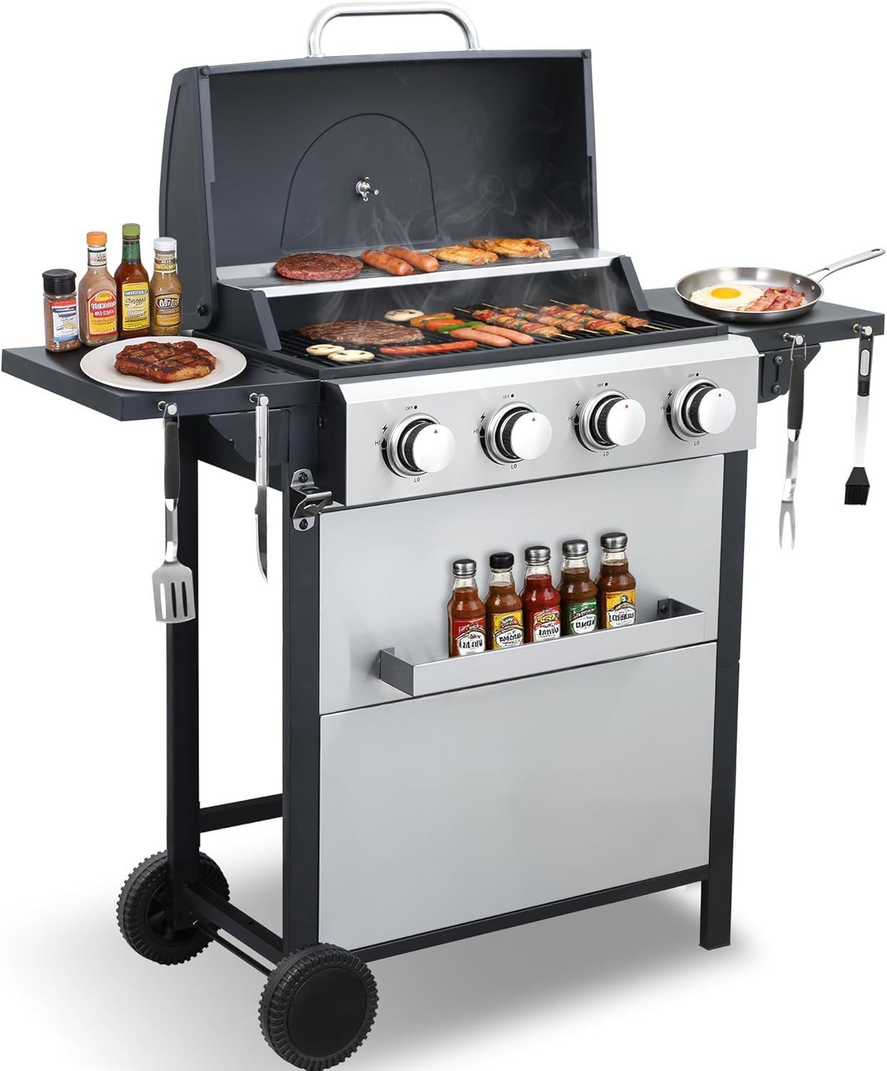 Propane Grill with Folding Side Tables, 4-Burner Gas Grill with Full-Size Grease Tray and Removable Grease Cup, 40,000 BTU BBQ Grill with Wheels for Outdoor Cooking