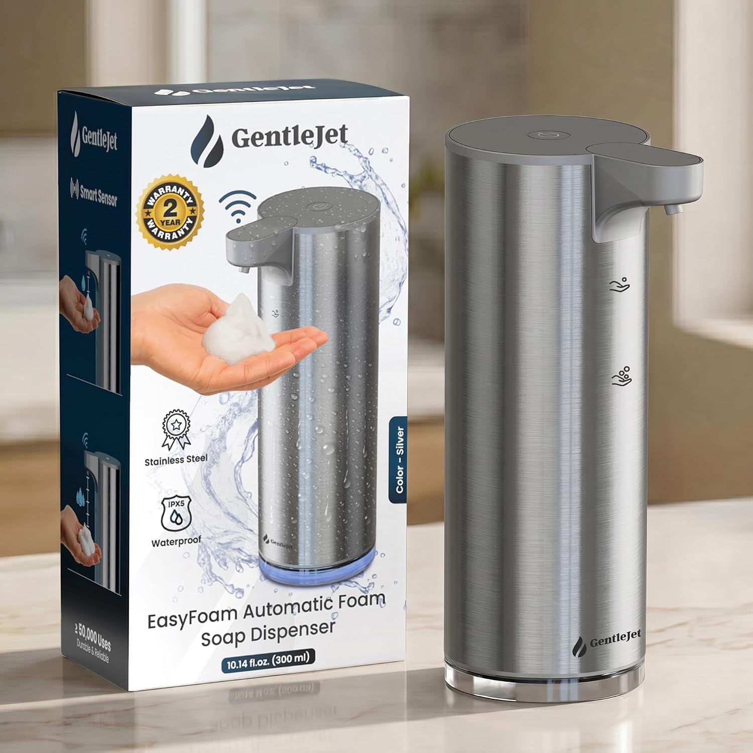 GentleJet EasyFoam Automatic Foaming Soap Dispenser, Touchless USB-C Rechargeable Sensor Pump, 304 Stainless Steel, Adjustable Foam, IPX5 Water-Resistant for Bathroom & Kitchen, 10 fl oz / 300 mL