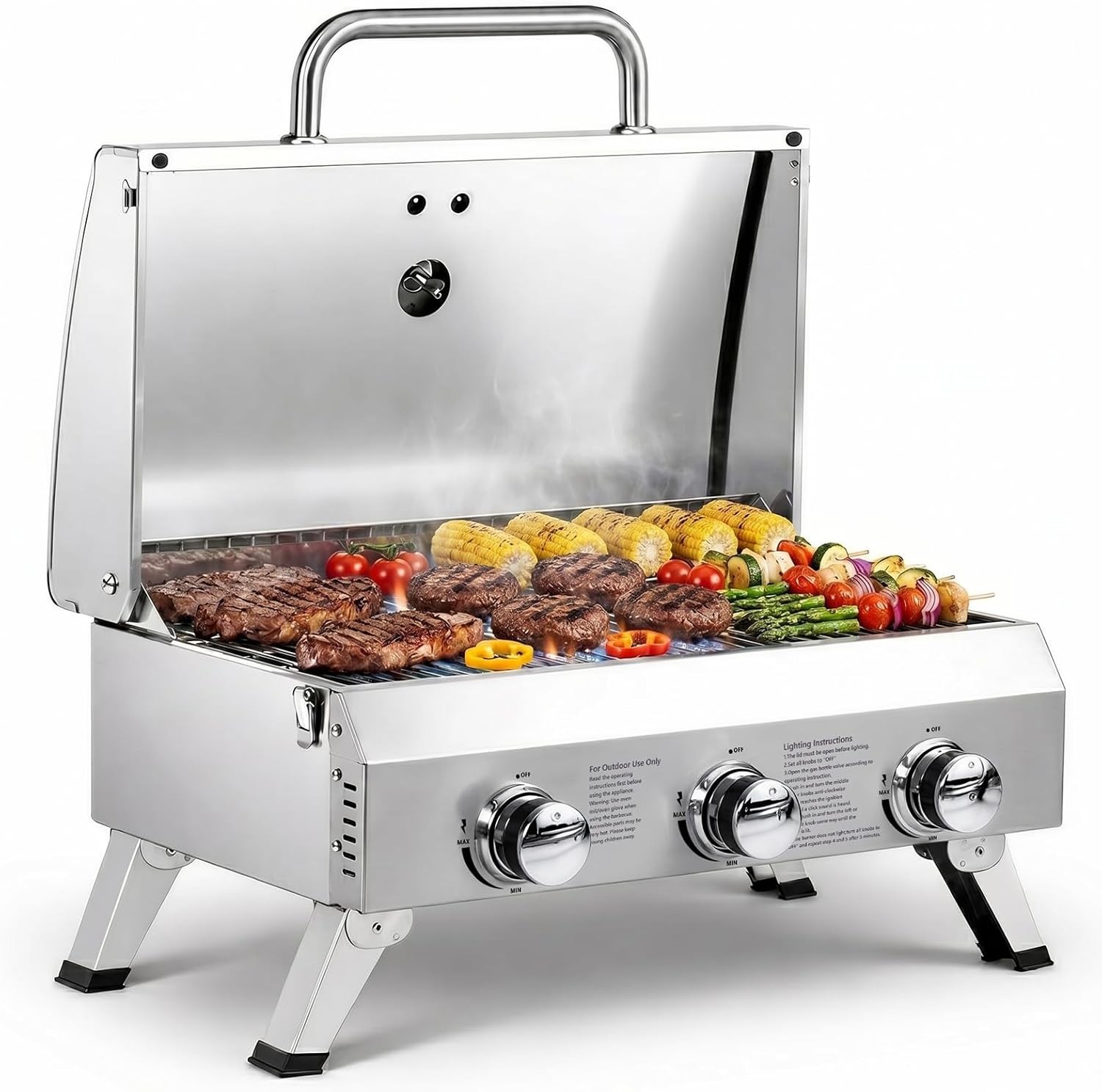 ROVSUN 3 Burner Portable Gas Grill, 30000 BTU Outdoor Tabletop Propane Grill with Ignition, Built-in Thermometer & Full Stainless Steel Body for Patio Garden Backyard Camping BBQ Picnic