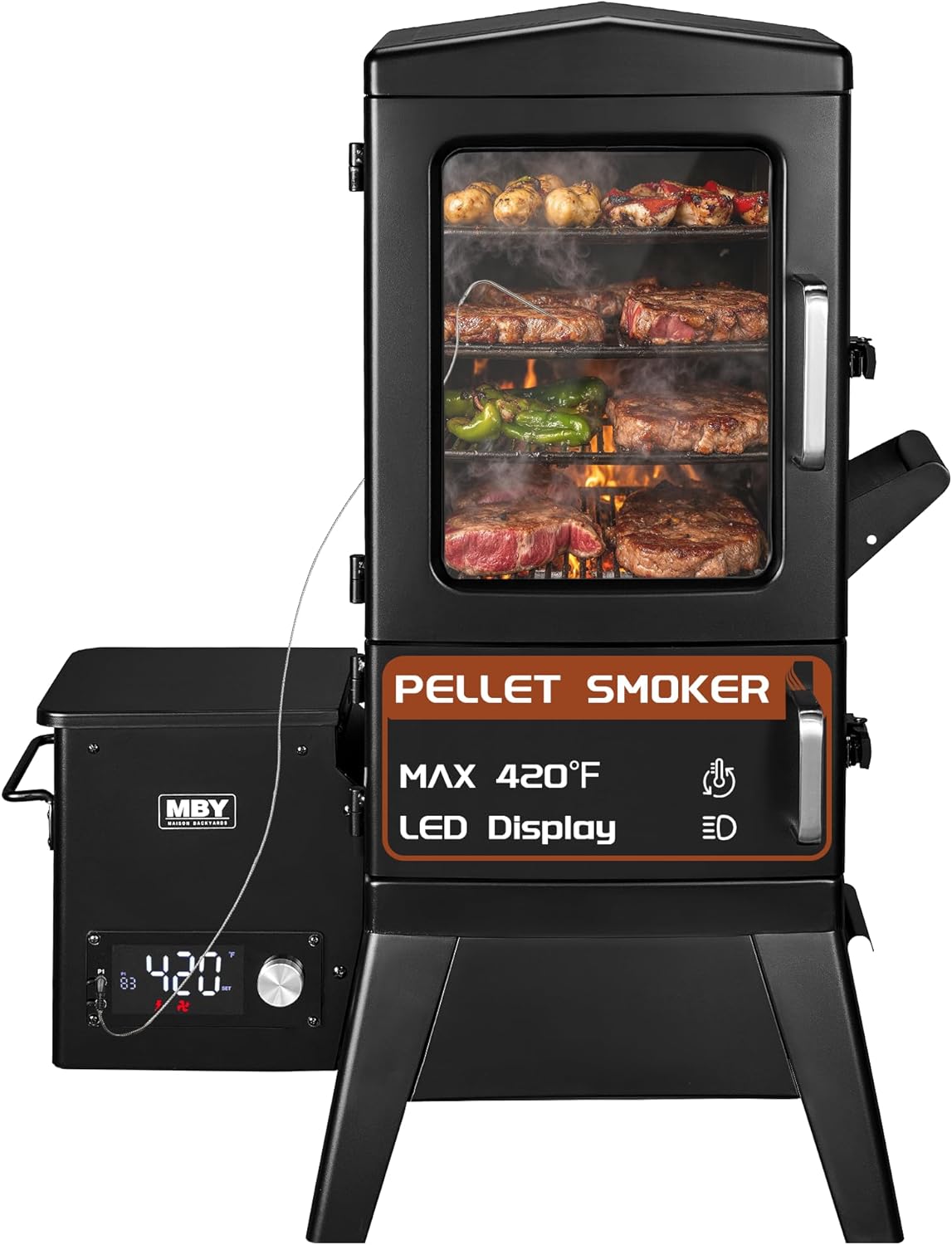 Electric Pellet Smoker with Rainproof Cover, Vertical Wood Smoker Grill With Meat Probe LED Display Temperature Control (616sq.in)