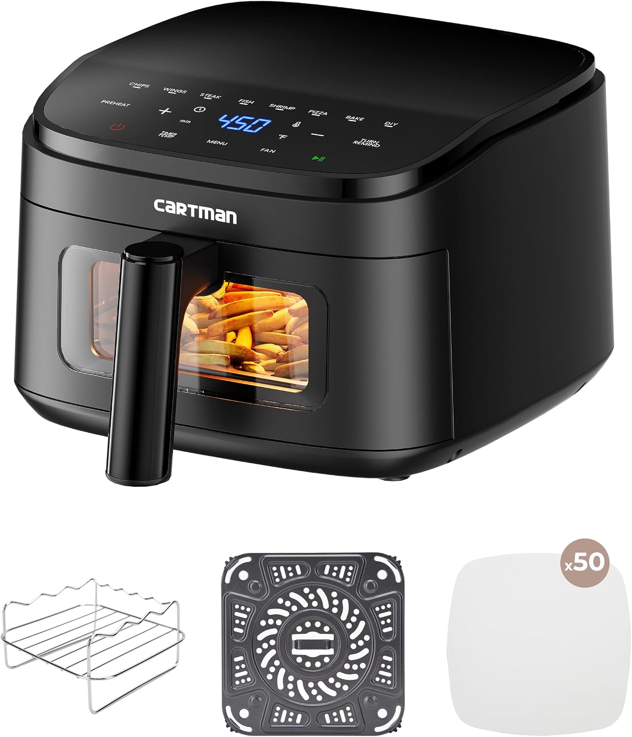 Cartman 4QT Compact Air Fryer, Ultra-Flat 6.7″ Height Small Airfryer, Adjustable Airflow Design, Viewing Window, Up to 450℉, 7 Presets Touchscreen, Portable Air Fryer, Black