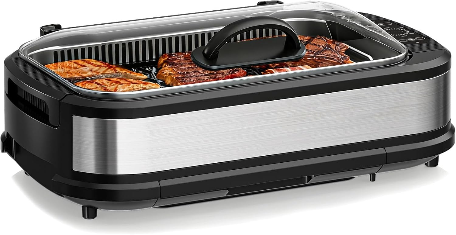 Electactic Smokeless Electric Grill & Griddle for Indoor Cooking, Nonstick Contact Grill with 6-Level Temperature Control, Dishwasher Safe Plates, Auto Shut-Off, Ideal for Kitchen, Apartment, Home