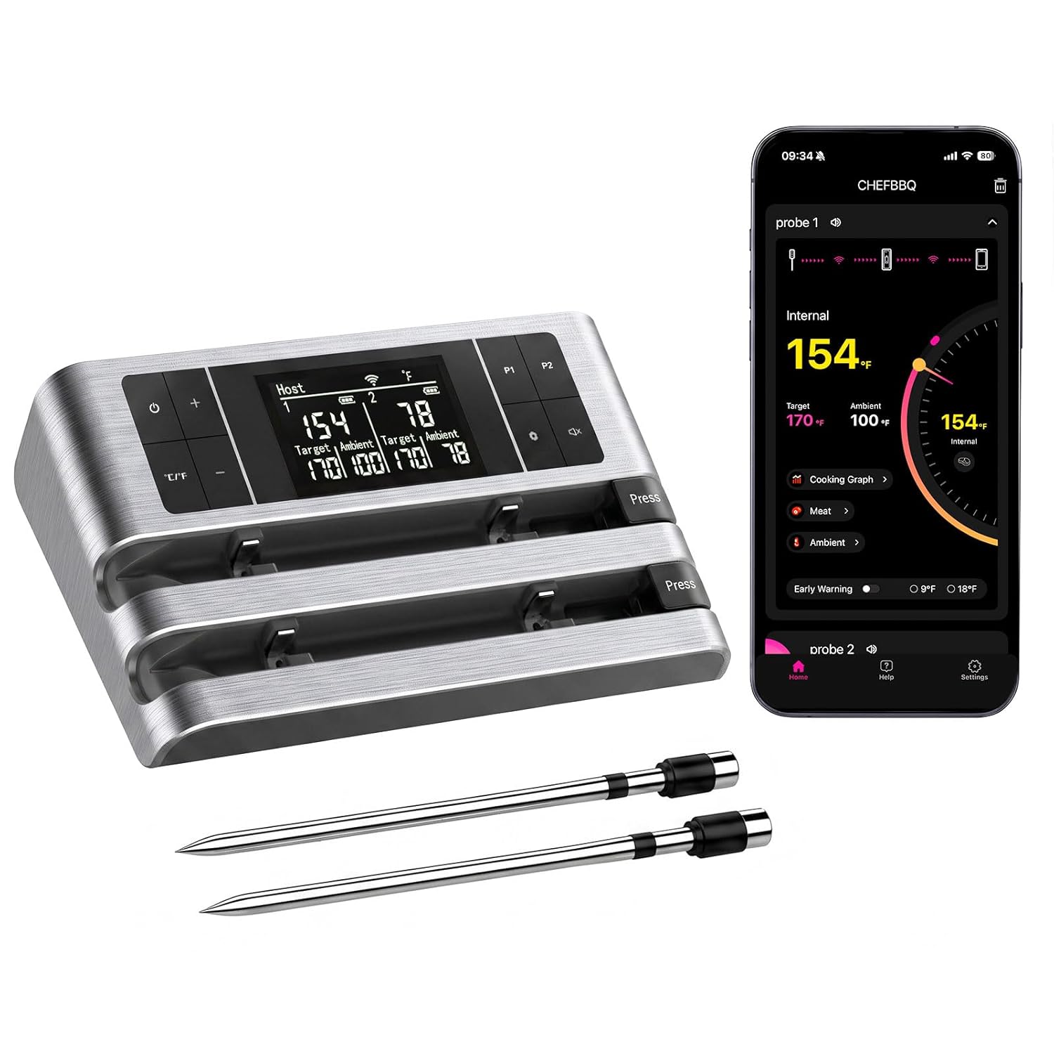 Wireless Smart Meat Thermometer, Dual-Sensor Probe, 500FT Remote, Dedicated App, Real-Time Temp for Oven/Grill – Rechargeable, Precise for Steak