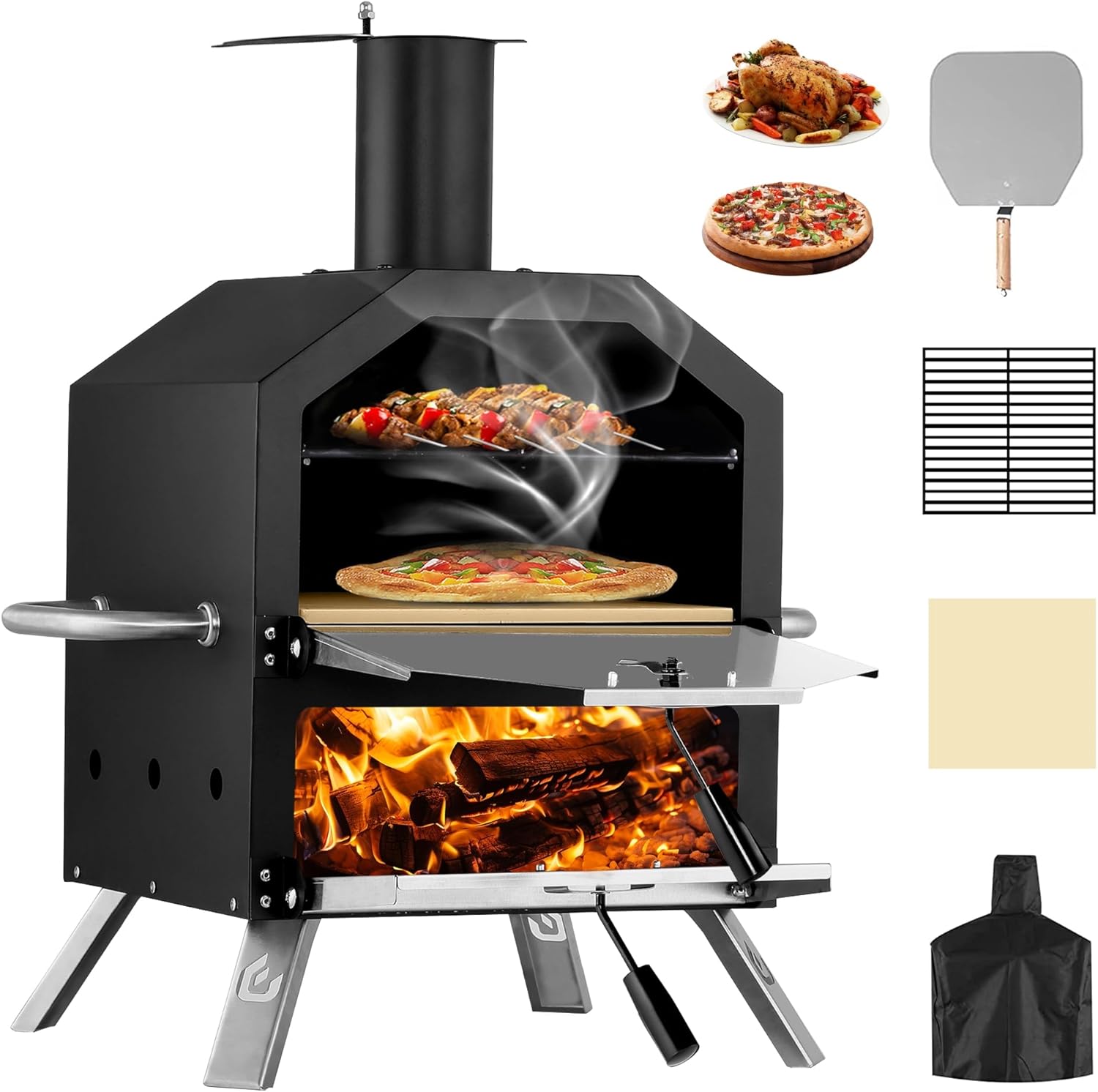 PIZZELLO Outdoor Wood Fired Pizza Maker 2-Layer with Pizza Stone, Peel & Rack – Waterproof Cover & Folding Legs for Camping, BBQ & Gifts (26 Inch)