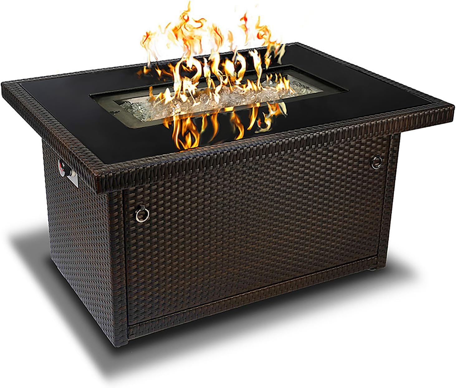 Outland Living Series 403 Fire Table – 44″ 50,000 BTU Outdoor Propane Gas Fire Pit Table with Tempered Glass Top & Arctic Ice Decorative Glass Rocks, Espresso Brown