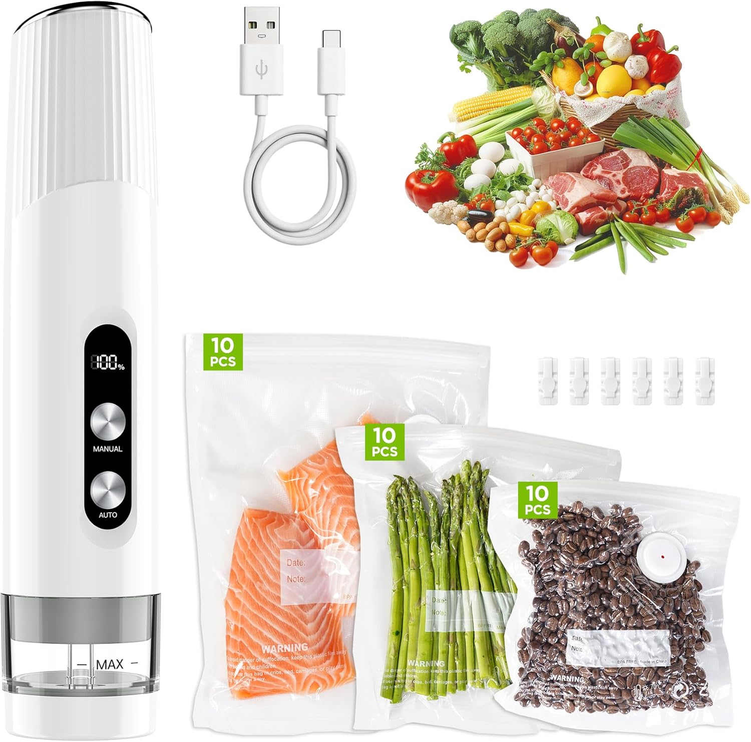 Compact Vacuum Sealer for Food, Cordless Handheld Vacuum Sealer Machine with 30 Reusable Bags, 1800mAh Rechargeable Portable Food Saver for Sous Vide, Meal Prep, Meat & Vegetables