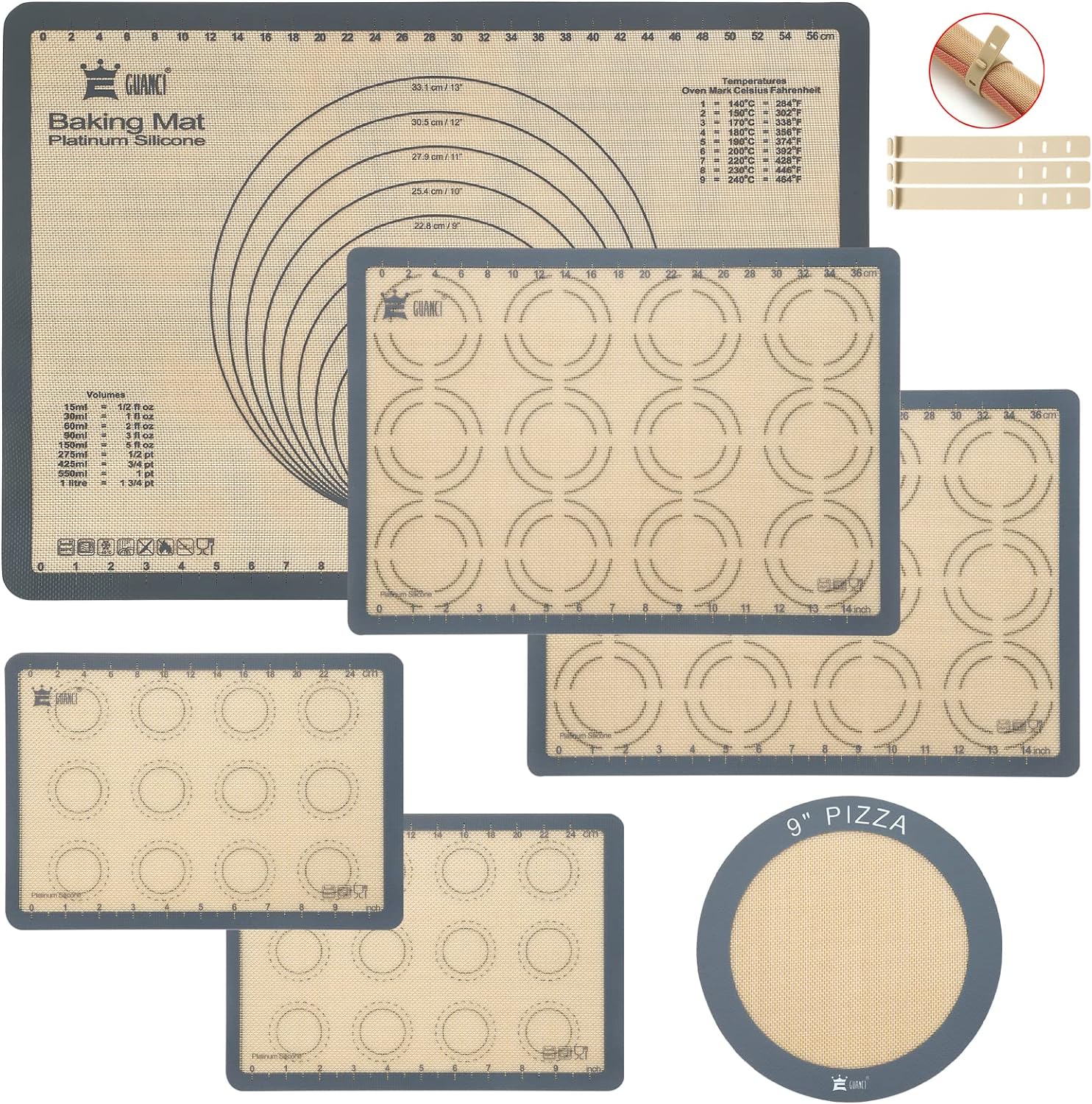 GUANCI Silicone Baking Mat Set of 6, Includes 25″x17.5″ Large, 2 Medium 16.5″x11.6″, 2 Small 11.75″x8.25″, 9″ Round, All Mats 0.70mm Thick, Non-Stick Reusable Baking Mats for Pizza, Cookie, Bread