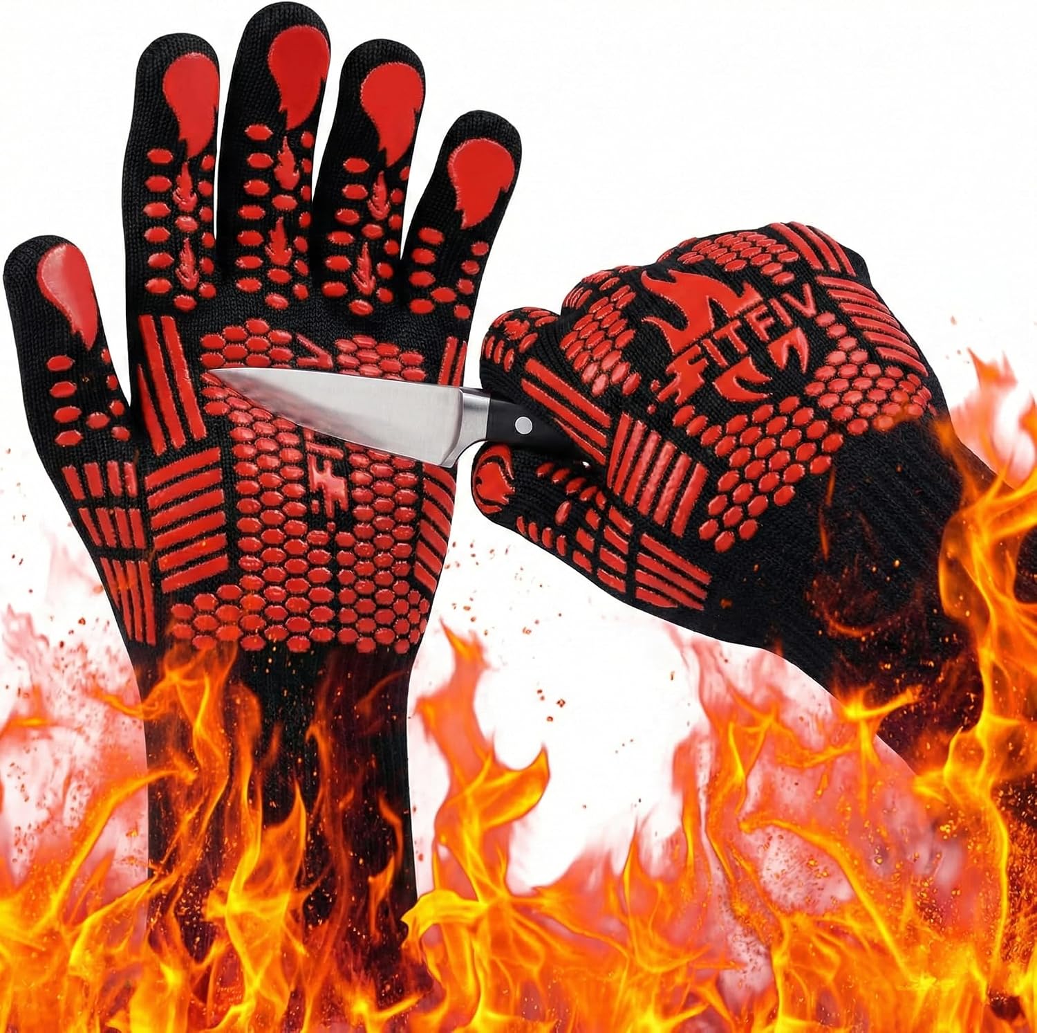 BBQ Gloves, Oven Gloves, 1472°F Extreme Heat Resistant Barbecue Gloves, Silicone Non-Slip Oven Mitts, Kitchen for Cooking, Grilling, and Baking