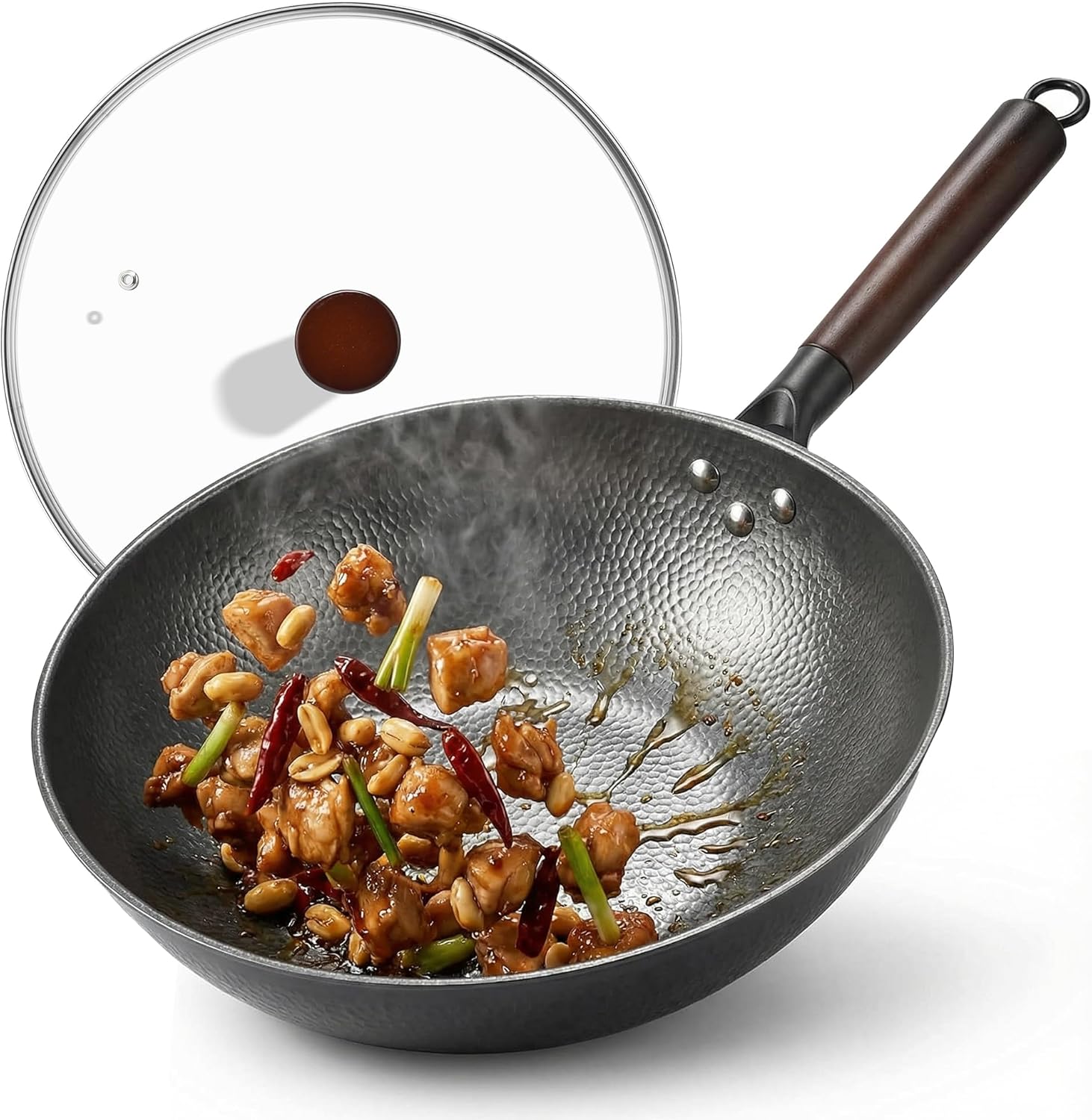 Rorence 13 Inch Carbon Steel Wok with Lid, Flat Bottom Chinese Wok Pan, 6.45QT Nitrided Carbon Steel Stir Fry Pan, No Chemical Coating, For All Stoves