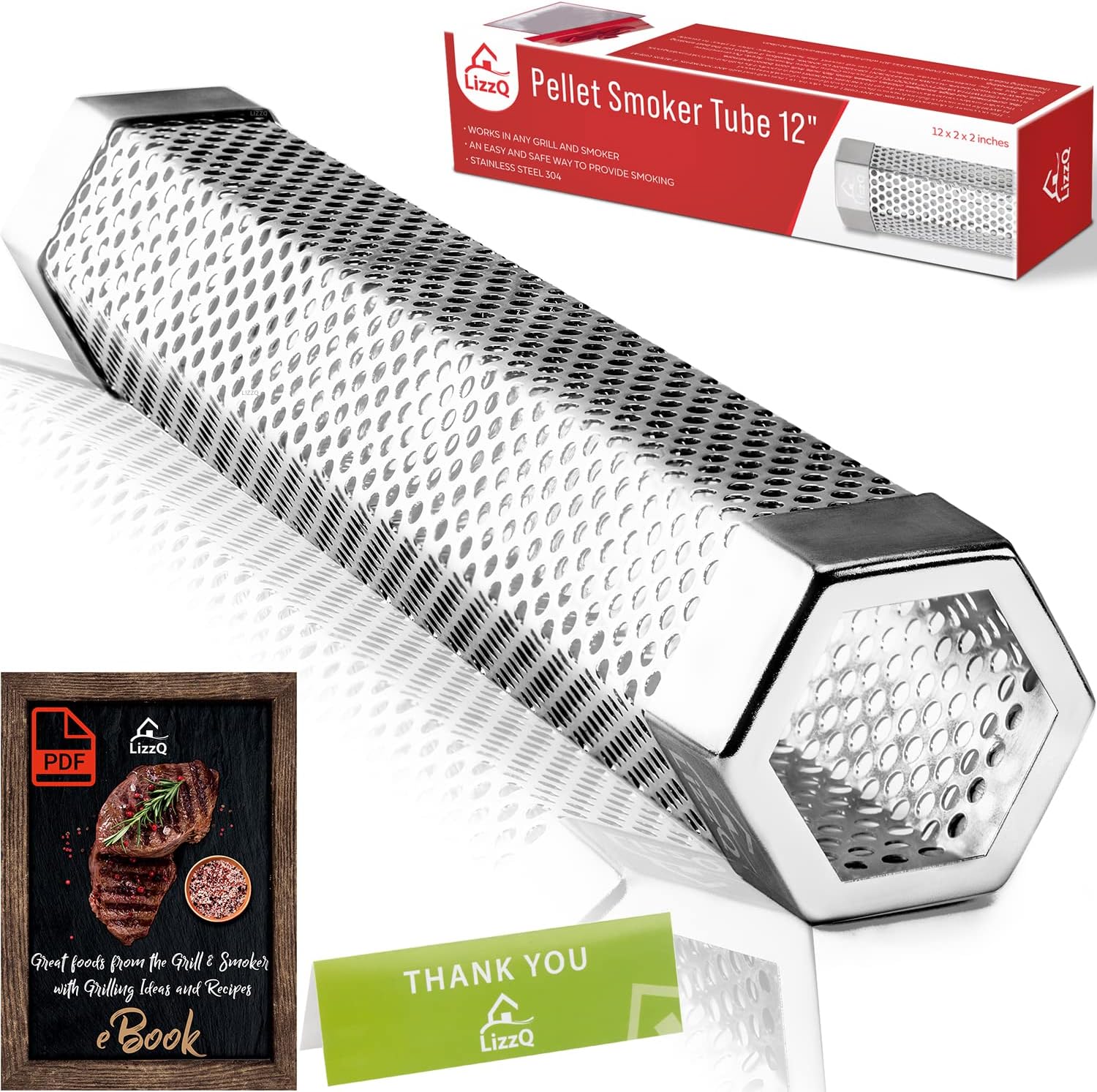 LIZZQ Premium Pellet Smoker Tube 12 inches – 5 Hours of Billowing Smoke | Hot or Cold Smoking – for Any Grill or Smoker – An Easy and Safe Way to Provide Smoking – Free eBook Grilling Ideas & Recipes