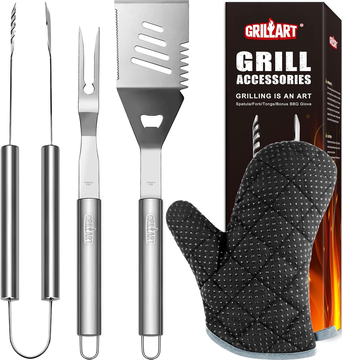 GRILLART Grill Tools Grill Utensils Set – 3PCS BBQ Tools, Stainless Barbeque Grill Accessories -Spatula/Tongs/Fork w/Insulated Glove, Ideal BBQ Set Grilling Tools for Outdoor Grill, Gifts for Men Dad
