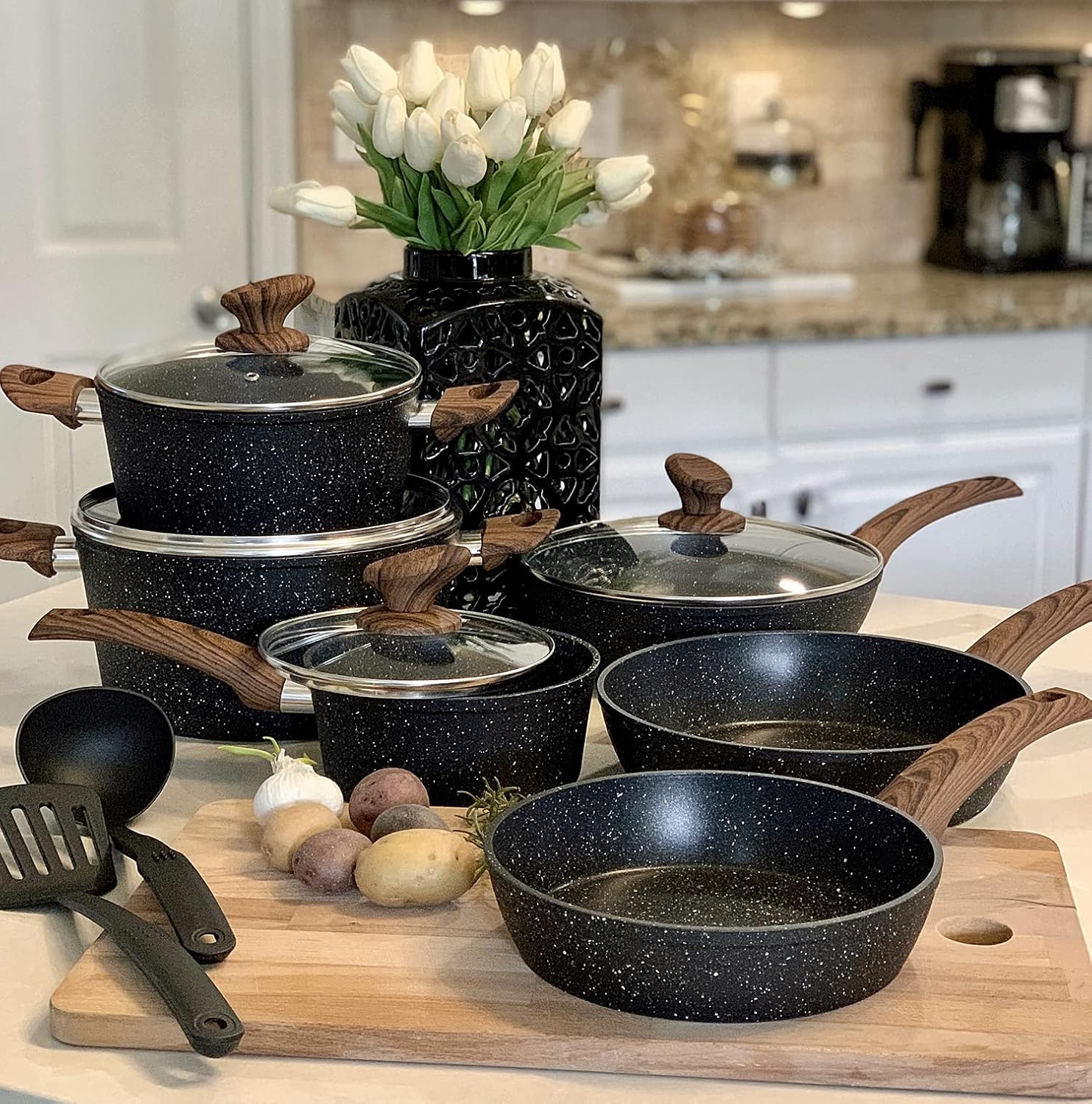 Kitchen Academy Induction Cookware Sets – 12 Piece Pots and Pans Set Non Stick, Black Granite Nonstick Cooking Pan Set(PFOS, PFOA Free)