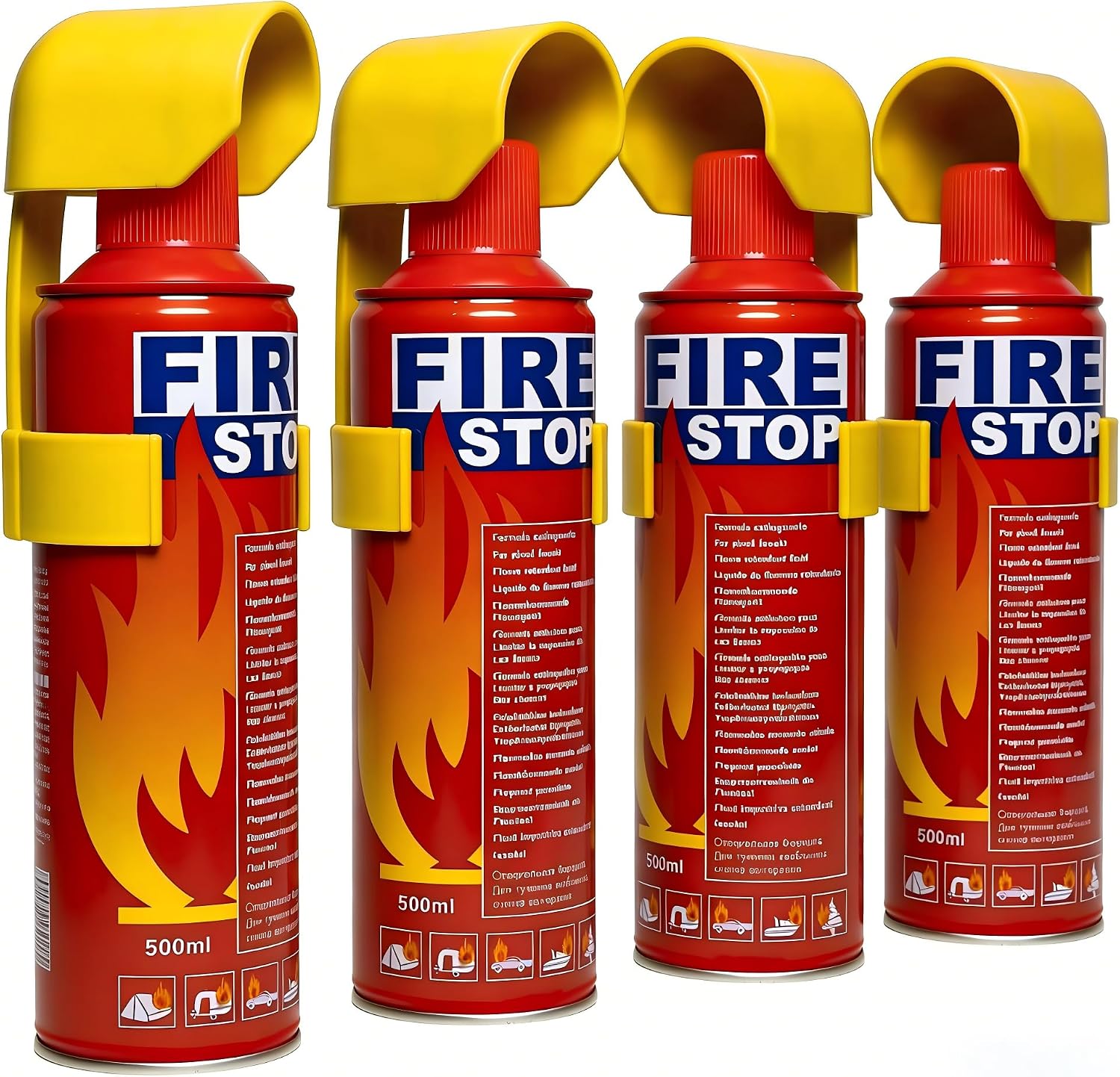 Fire Stop Spray 500ml 4-Pack – Multi-Purpose Aerosol Fire Extinguisher for Home, Kitchen & Car | Class A/B/C/K Portable Fire Suppression with Mounting Bracket, Non-Toxic & Mess-Free