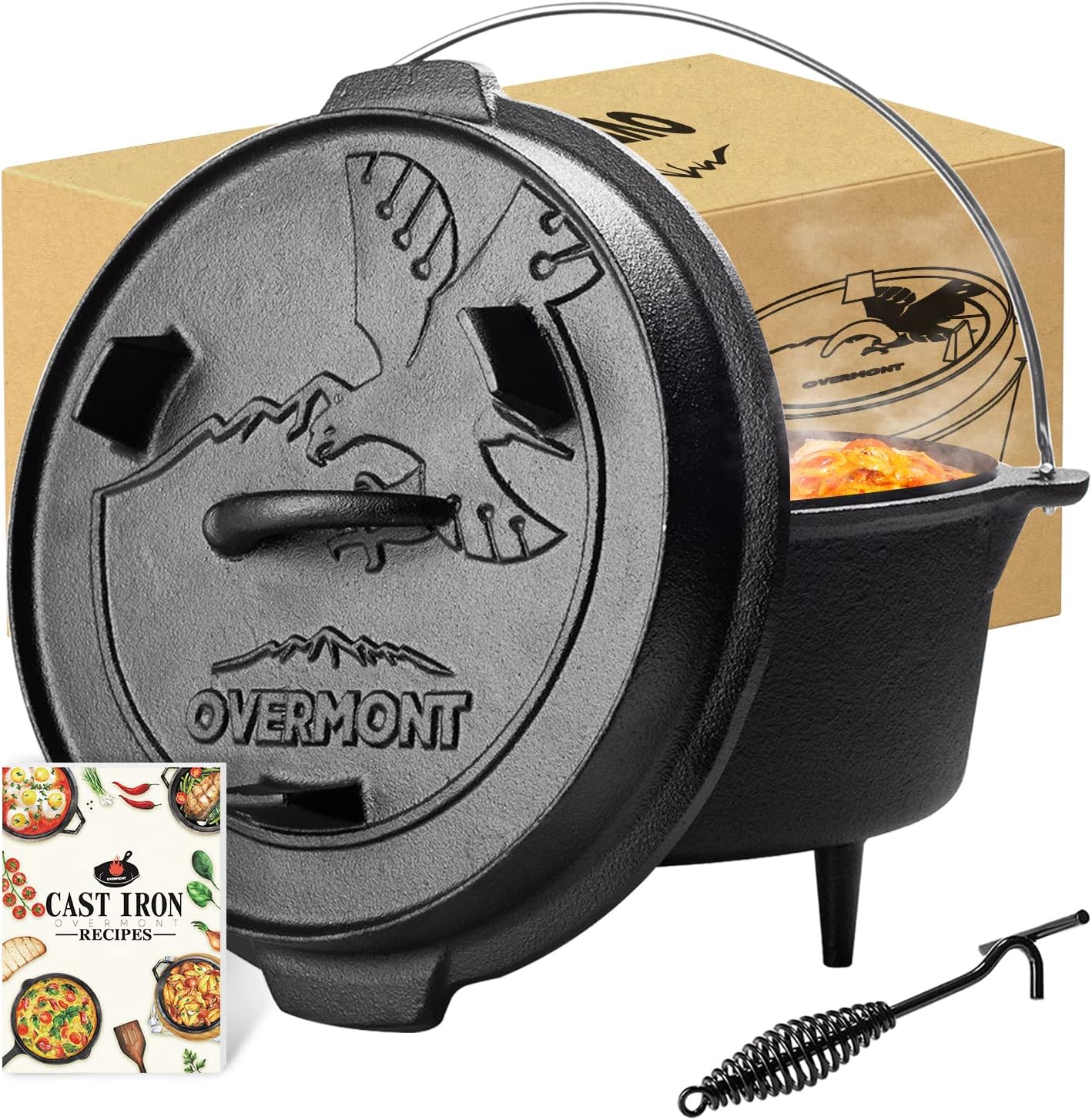 Overmont 6QT Cast Iron Dutch Oven Pre-Seasoned Camping Dutch Oven Pot with Legs, Lid Lifter & Dual Handles, Cast Iron Pot with Skillet Lid for Campfire Cooking, BBQ, Grill, Stove, Outdoor Use