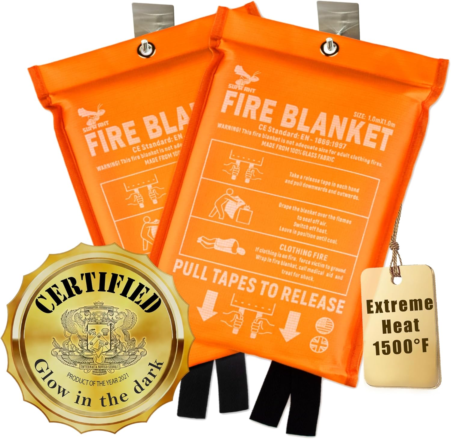Fire Blanket – 1500F CE Certified Emergency Fire Blanket for Home and Kitchen. 500GSM Fabric & 0.5mm Thick – 100% Fiberglass Fire Extinguisher for Car,Warehouse Office – 2pc (40×40 inches) by Supa Ant