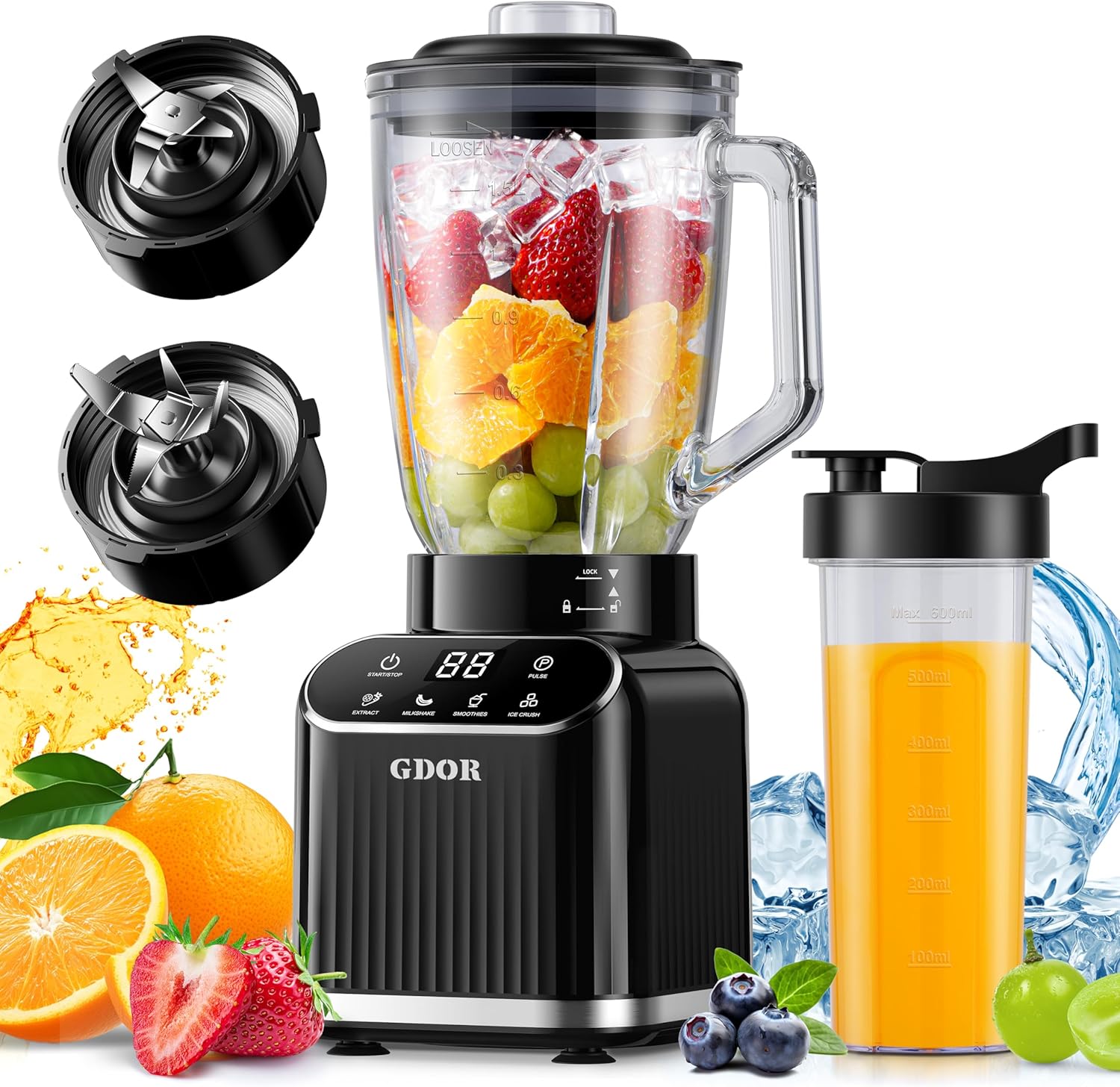 GDOR 1200W Professional Blender with 5 Smart Programs | High Speed Countertop Blender for Smoothies and Shakes, 52 Oz Glass Jar & 24 Oz To-Go Cup Combo, 6-Leaf Ice Crushing Blade, Self Cleaning, Black
