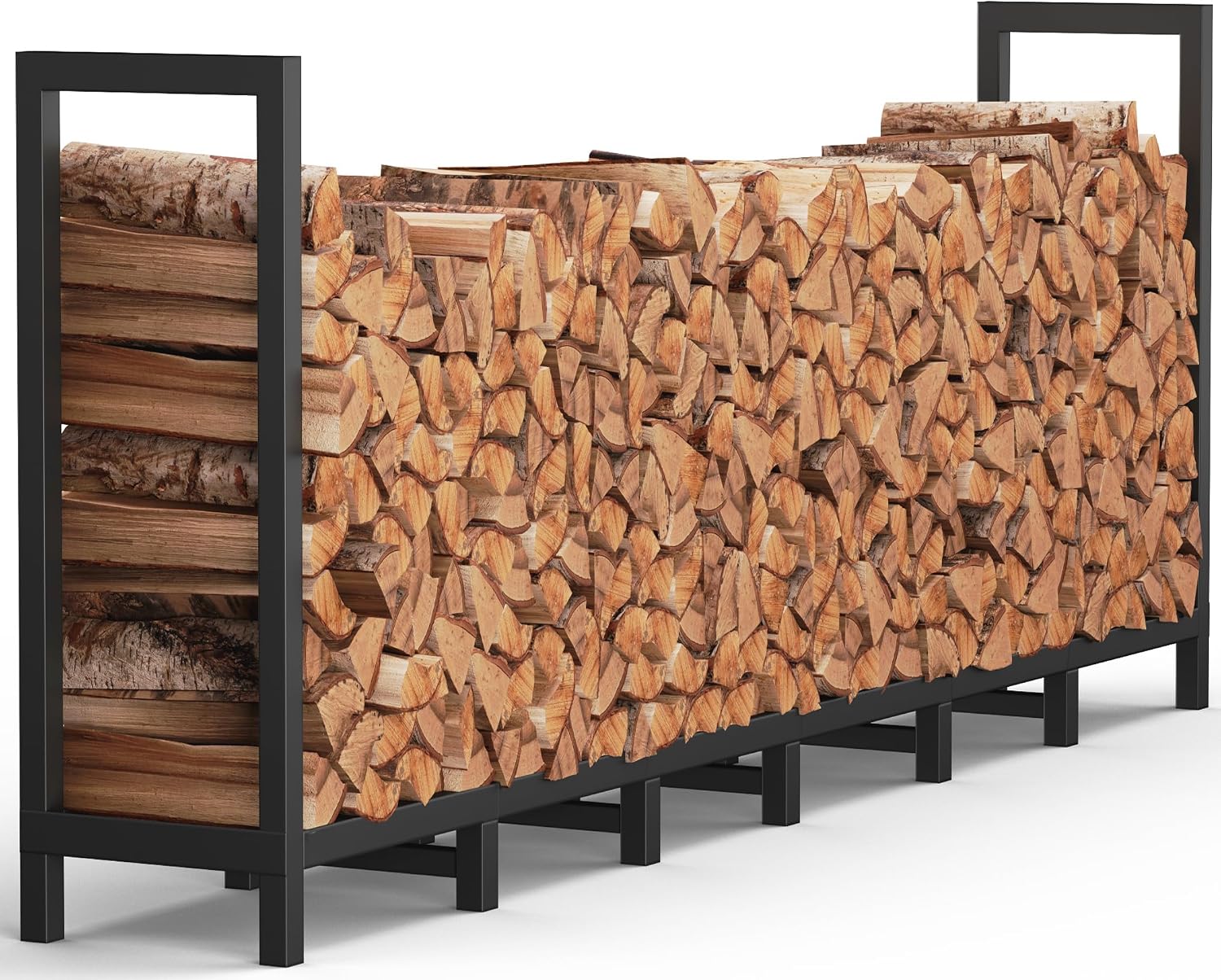 8ft Outdoor Firewood Rack Holder with 14 Support Legs for Fire Wood Pile Storage, Adjustable Heavy Duty Log Stacker Stand Organizer, Black