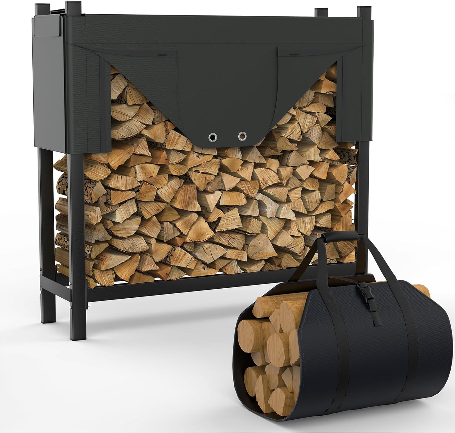 WALMANN Heavy-Duty Firewood Rack with Waterproof Cover & Firewood Carry Bag, 4 ft Outdoor Indoor Wood Log Holder for Fireplace, Patio & Porch, Sturdy Steel Fire Wood Storage Stand