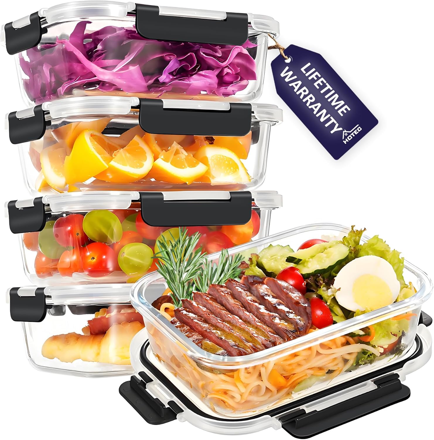 HOTEC 35OZ Glass Food Storage Container, Airtight Glass Lunch Fruit Containers with Lids – Microwave, Oven, Freezer and Dishwasher Safe, 4-PACK