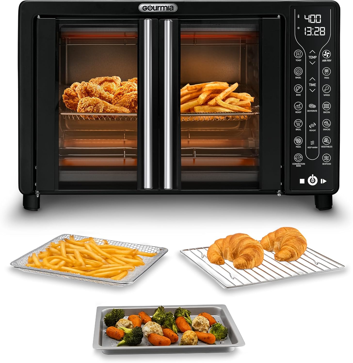 Gourmia French Door Air Fryer Toaster Oven – 6-Slice Capacity, FryForce 360°, Digital Display with 17 Cooking Presets, Black