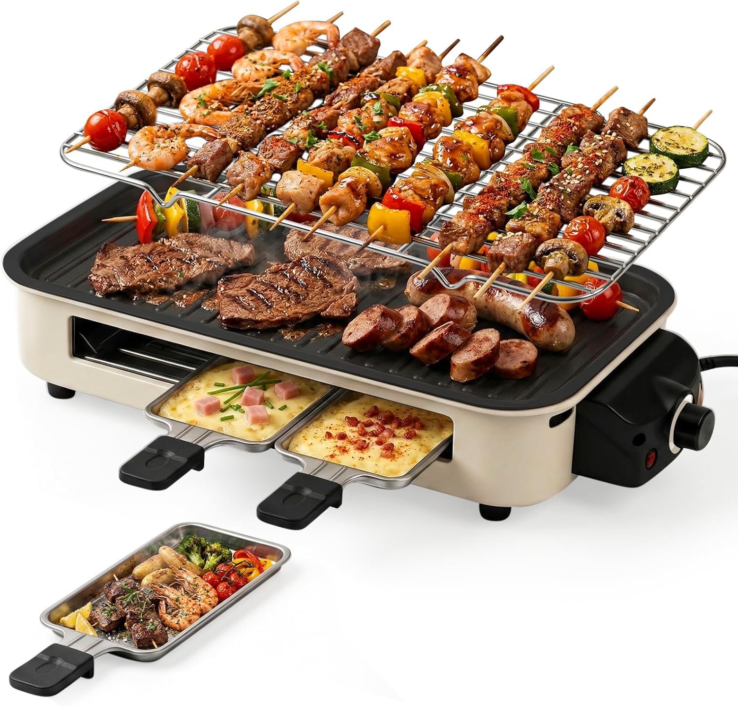 Electric Indoor Grill 1500w, 2 in 1 Smokeless Indoor Grills with Non-Stick Griddle Plate & Grill Net, Korean BBQ Grill with 3 Individual Mini Trays, Temperature Control, Dishwasher Safe