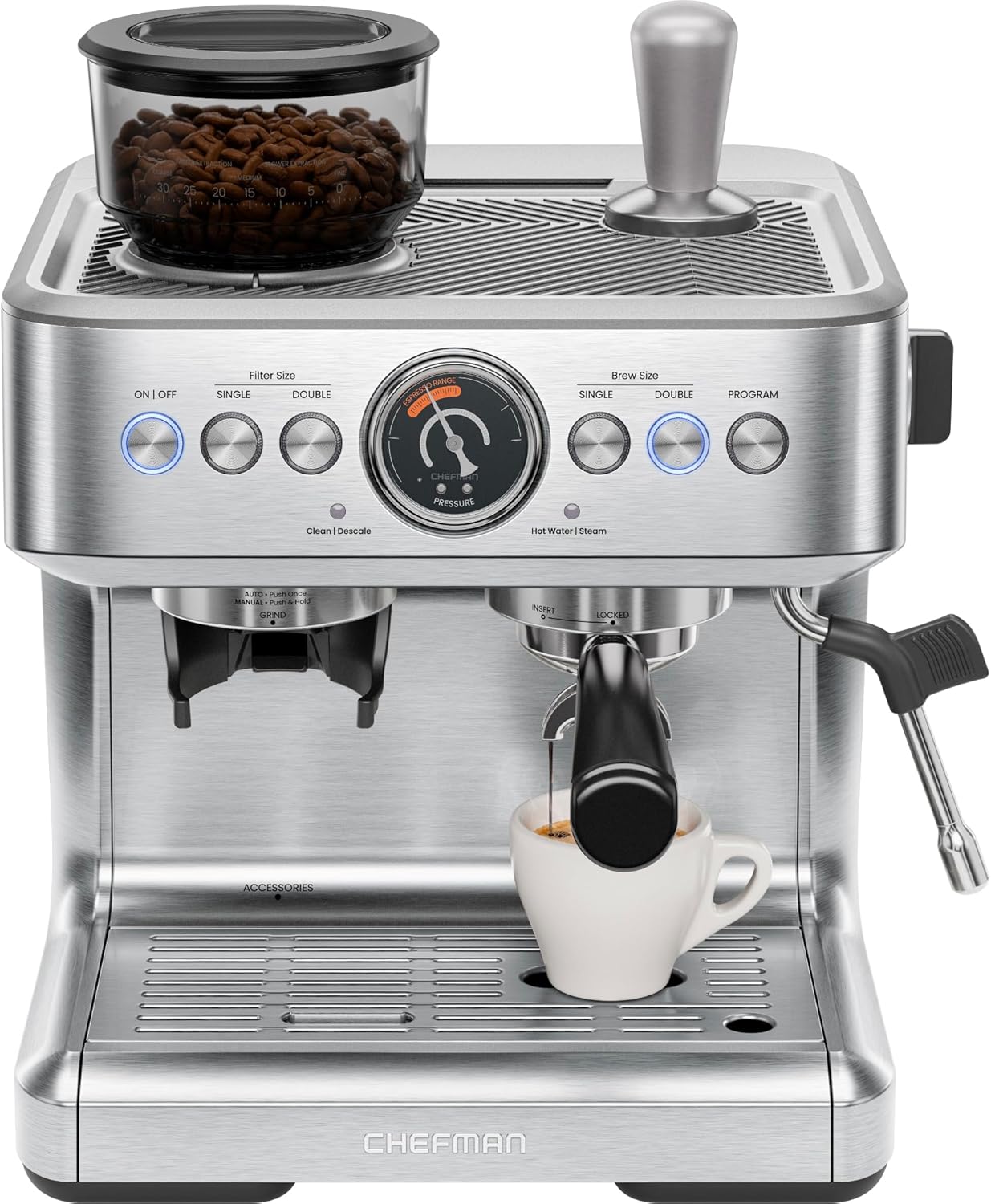 Chefman Crema Supreme 15 Bar Espresso Machine with Milk Frother, Barista Steam Wand, Professional Coffee Maker with Coffee Grinder, 30 Grind Settings, 3L Removable Water Tank – Stainless Steel