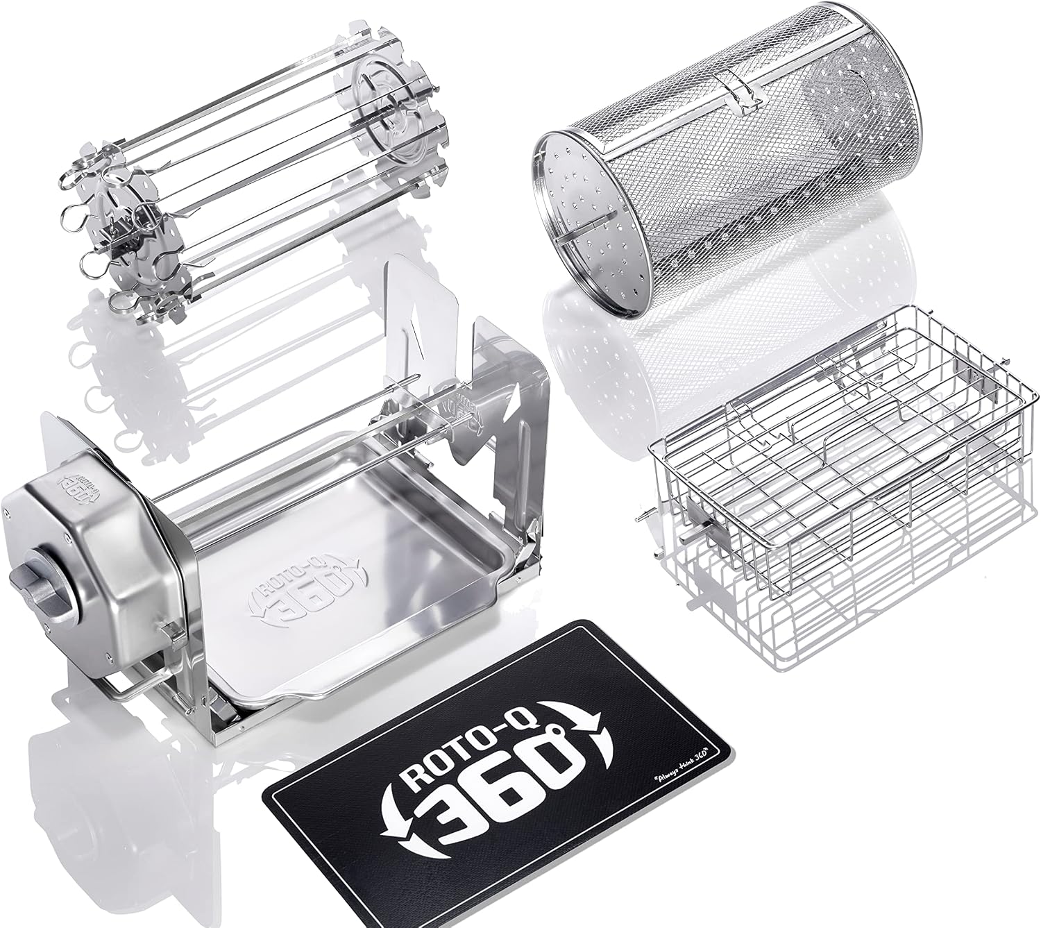 ROTO-Q 360 Family Rotisserie Kit – Non-Electric Wind-Up Spit Roaster with Tumble Basket, Flat Cage, Skewer Set & Mat for Grill, Oven, Smoker, Portable BBQ Cooking, Tailgating, or Camping Use