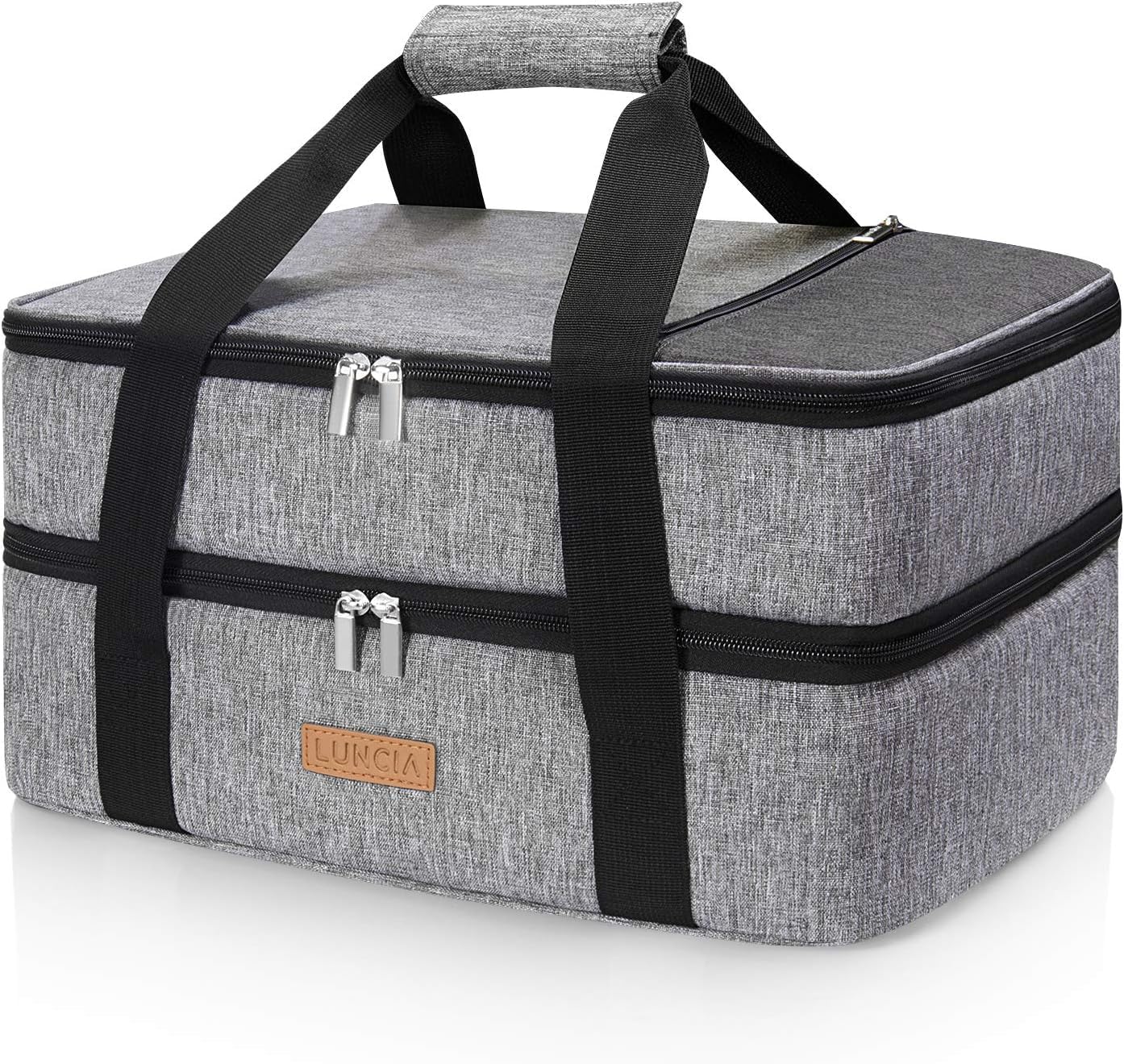 LUNCIA Insulated Double Decker Casserole Carrier, Lasagna Lugger Tote Keeps Food Hot or Cold, Thermal Lunch Bag for Potluck Parties, Picnic and Cookouts, Fits 9″ x 13″ Baking Dish, Grey