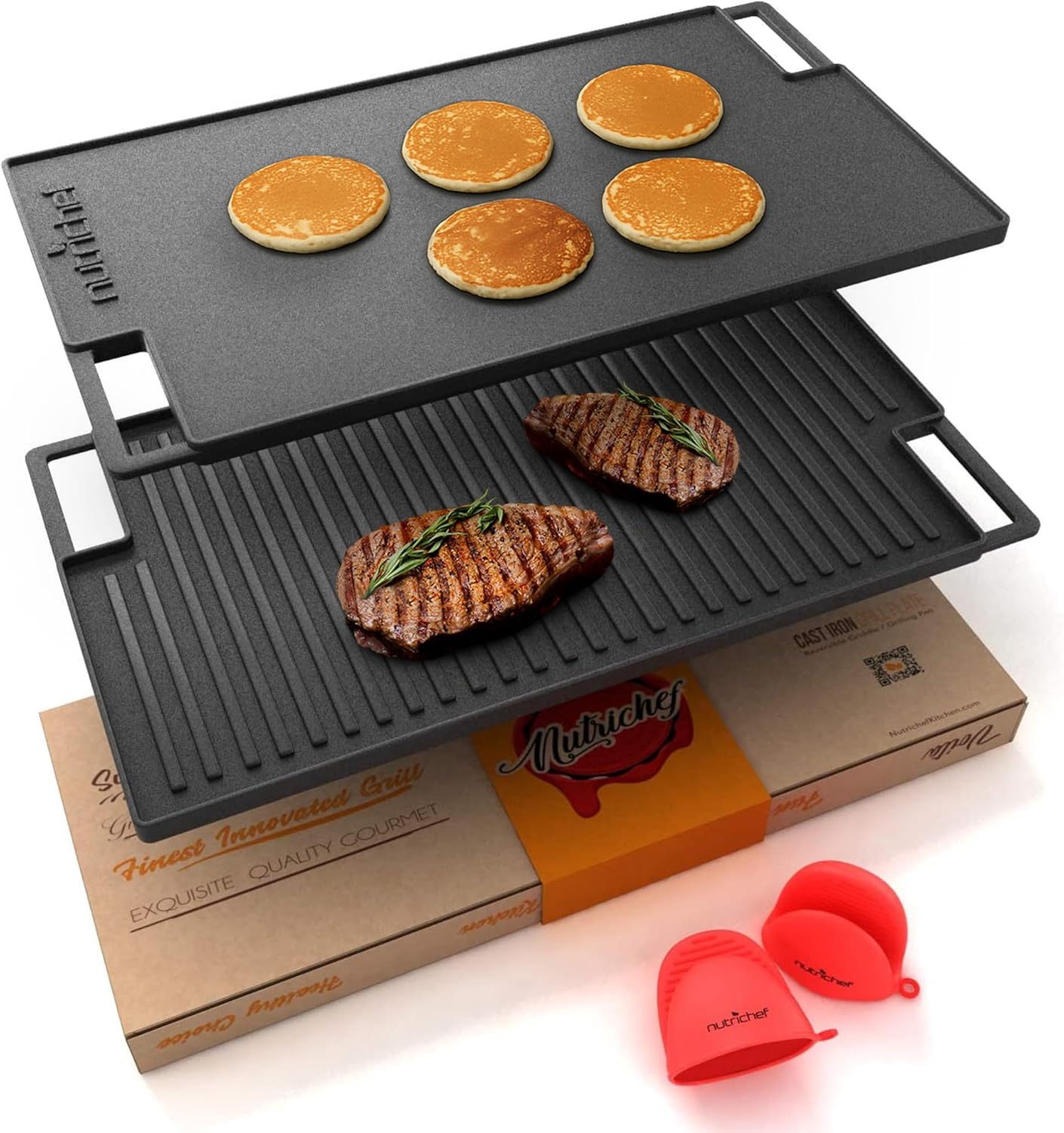 NutriChef Cast Iron Reversible Griddle 18×10 Inch – Pre-Seasoned Flat Top & Ridged Grill Side, Stove Top Griddle for Gas Grill, Outdoor & Indoor Cooking