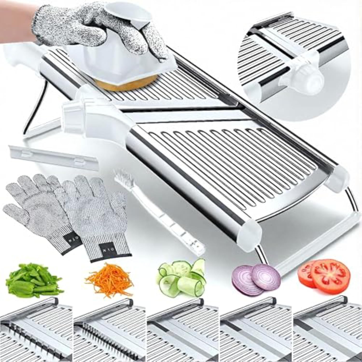 Gramercy Adjustable Mandoline Food Slicer, Mandoline Slicer for Kitchen, Mandolin, Potato, Tomato, Carrot, Vegetable, Fruit and Onion Cutter – Stainless Steel – INCLUDING 1 Pair Cut-Resistant Gloves