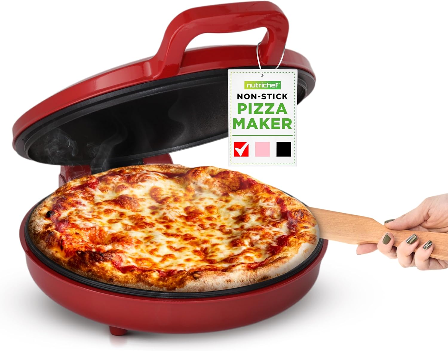 NutriChef Countertop Pizza Maker | 1500W Non-Stick Electric Pizza Cooker | Make 12″ Personal Pizzas, Eggs, Toast & More | Cool-Touch Handles, Compact & Space-Saving | Temp Range 175-400°F | Red