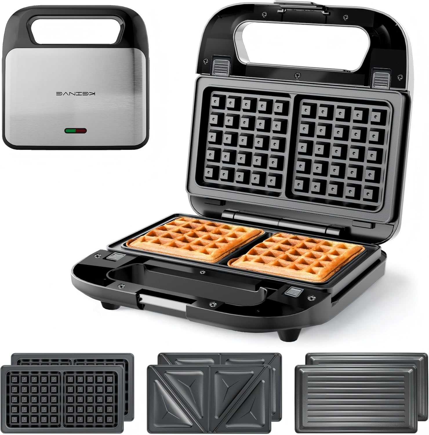 KEINVE 3-in-1 Sandwich Maker, Waffle Maker and Panini Press Grill, 800W Electric Breakfast Machine with 3 Detachable Non-Stick Plates, LED Indicator Lights, Cool Touch Handle with Latch, Black