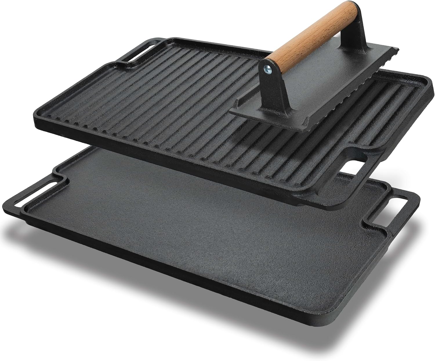 Cast Iron Griddle/Grill Reversible Combo Set + Protective Mitts, Grill Press & Scraper- Pre-seasoned Indoor & Outdoor gas Stove Griddle- Stovetop, Camping or Home Cooking Non-Stick Griddle Pan