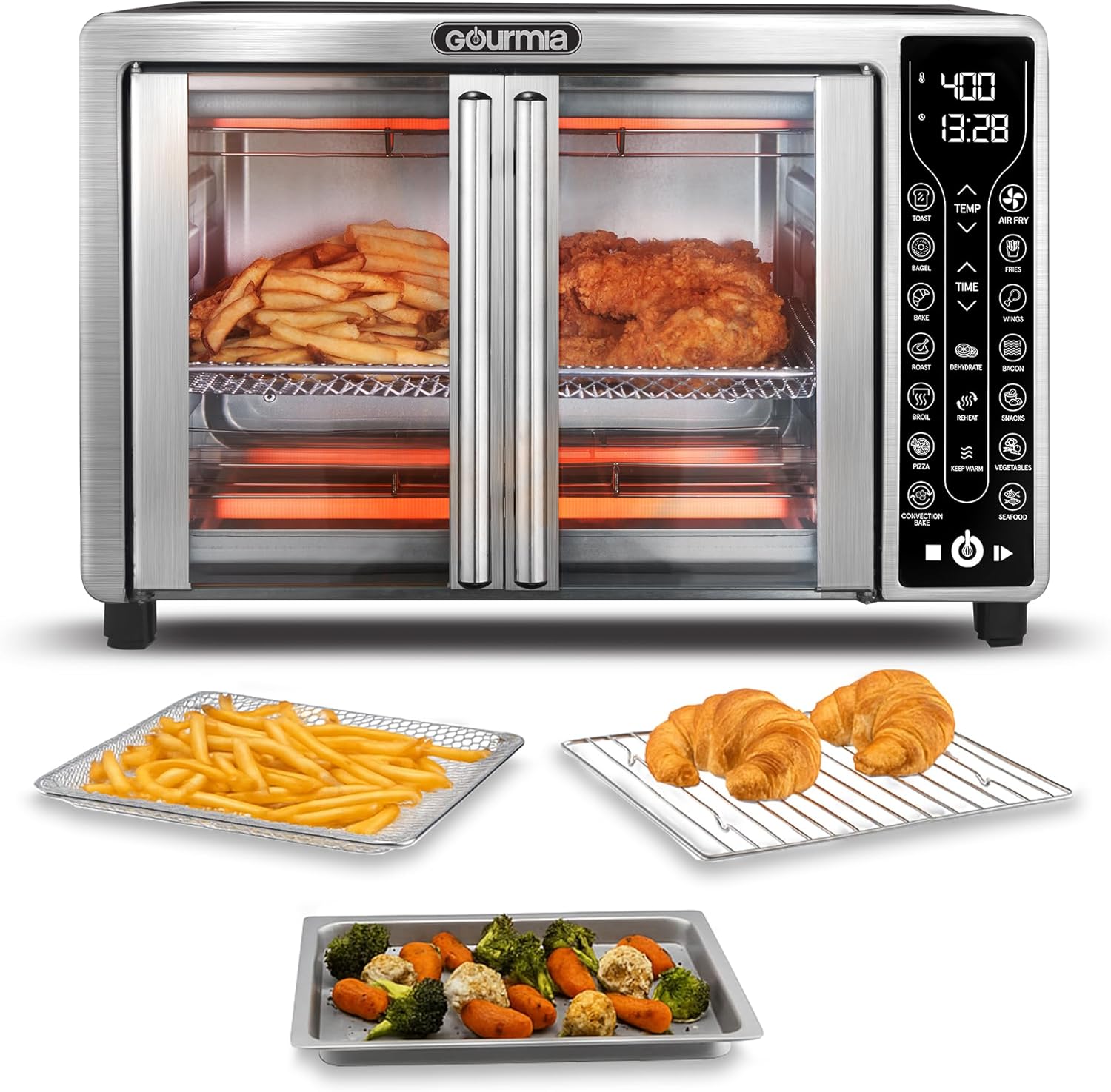 Gourmia French Door Air Fryer Toaster Oven – 6-Slice Capacity, FryForce 360°, Digital Display with 17 Cooking Presets, Stainless Steel