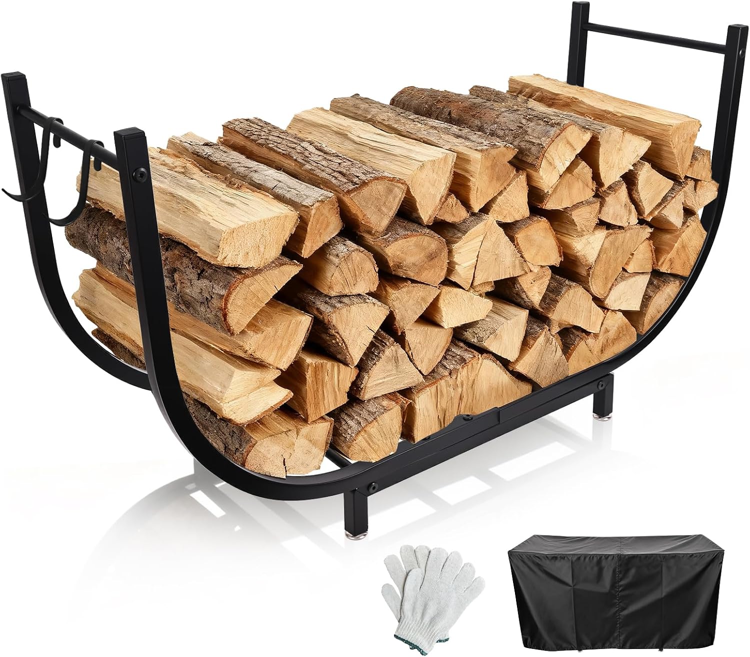 Firewood Rack Outdoor w Thicken Cover, 35 Inch Indoor Firewood Rack – Stable Curved Firewood Storage Heavy Duty & Rustproof Metal Firewood Holder w Hook for X-mas Decorations or Tools Nearby Fireplace