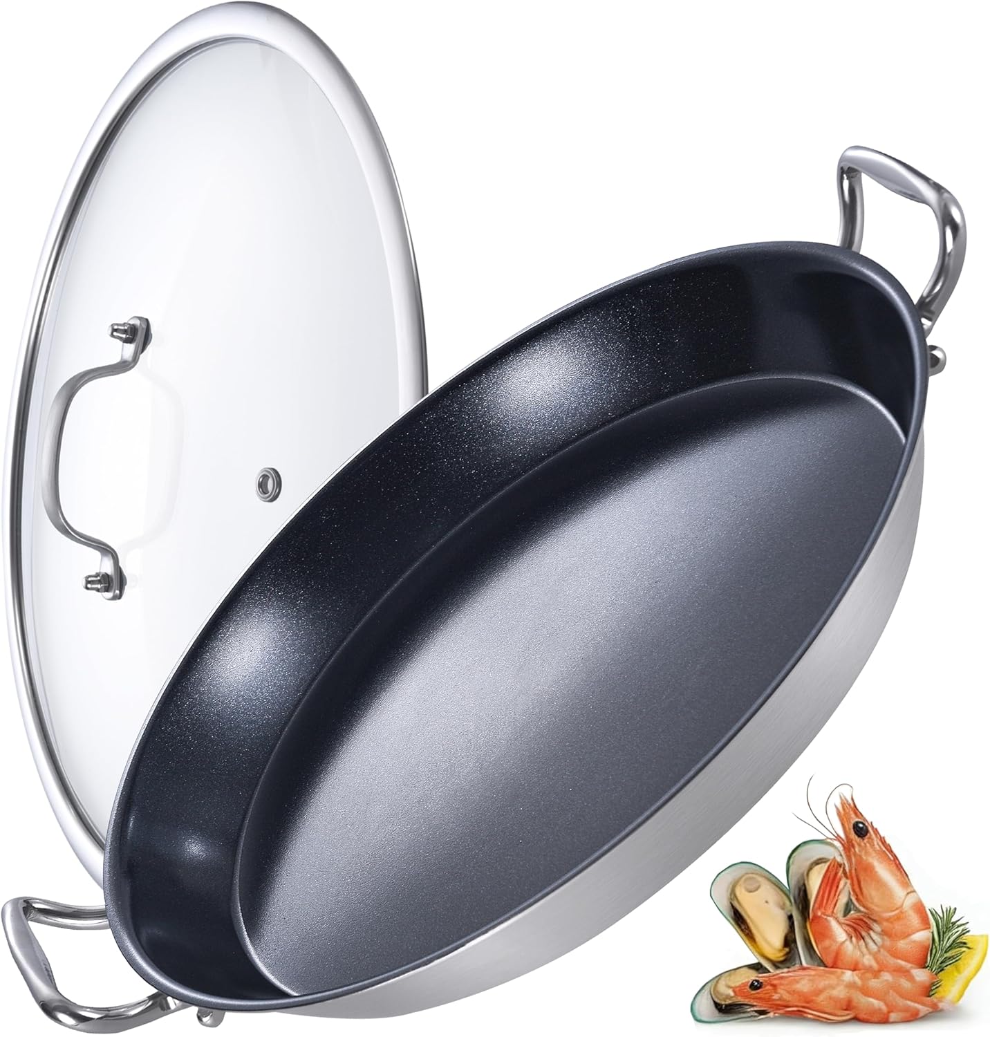 LOLYKITCH Nonstick Paella Pan with Lid, 14 Inch Tri-ply Stainless Steel Skillet, Large Oven Safe Cookware for Family of 5-8, Rust Proof & Warp Resistant, Induction Compatible