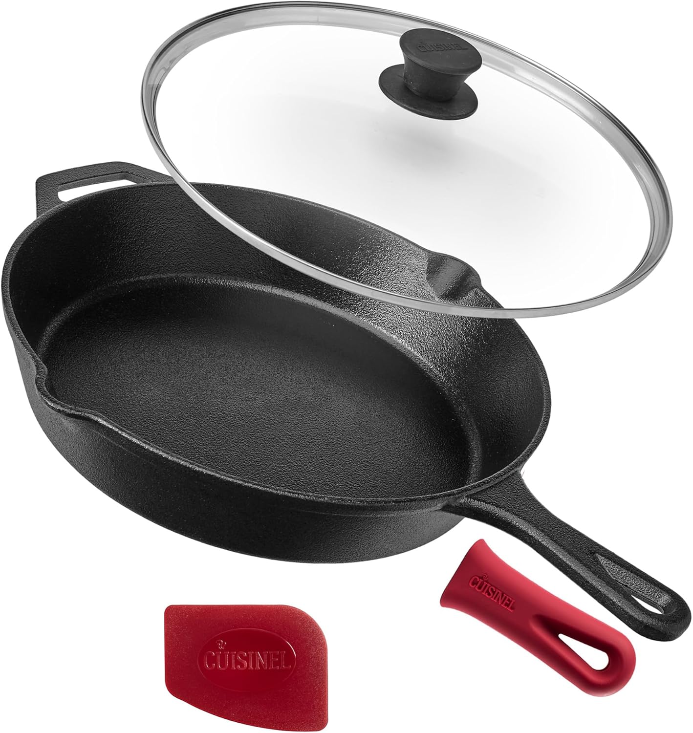 Cuisinel Cast Iron Skillet with Lid – 12″-Inch Frying Pan + Glass Cover + Silicone Handle Holder – PFAS and PFOA-free Pre-Seasoned Oven Safe Cookware – Indoor/Outdoor Use – Grill, BBQ, Fire, Stovetop