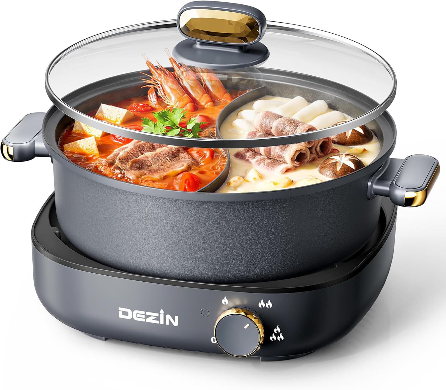 Dezin Hot Pot Electric with Divider, 4L Dual-Flavor Electric Shabu Shabu Pot, Removable Nonstick Pot Easy to Clean, Multi-Power Control for Family & Friends Gathering, Silicone Ladle Included