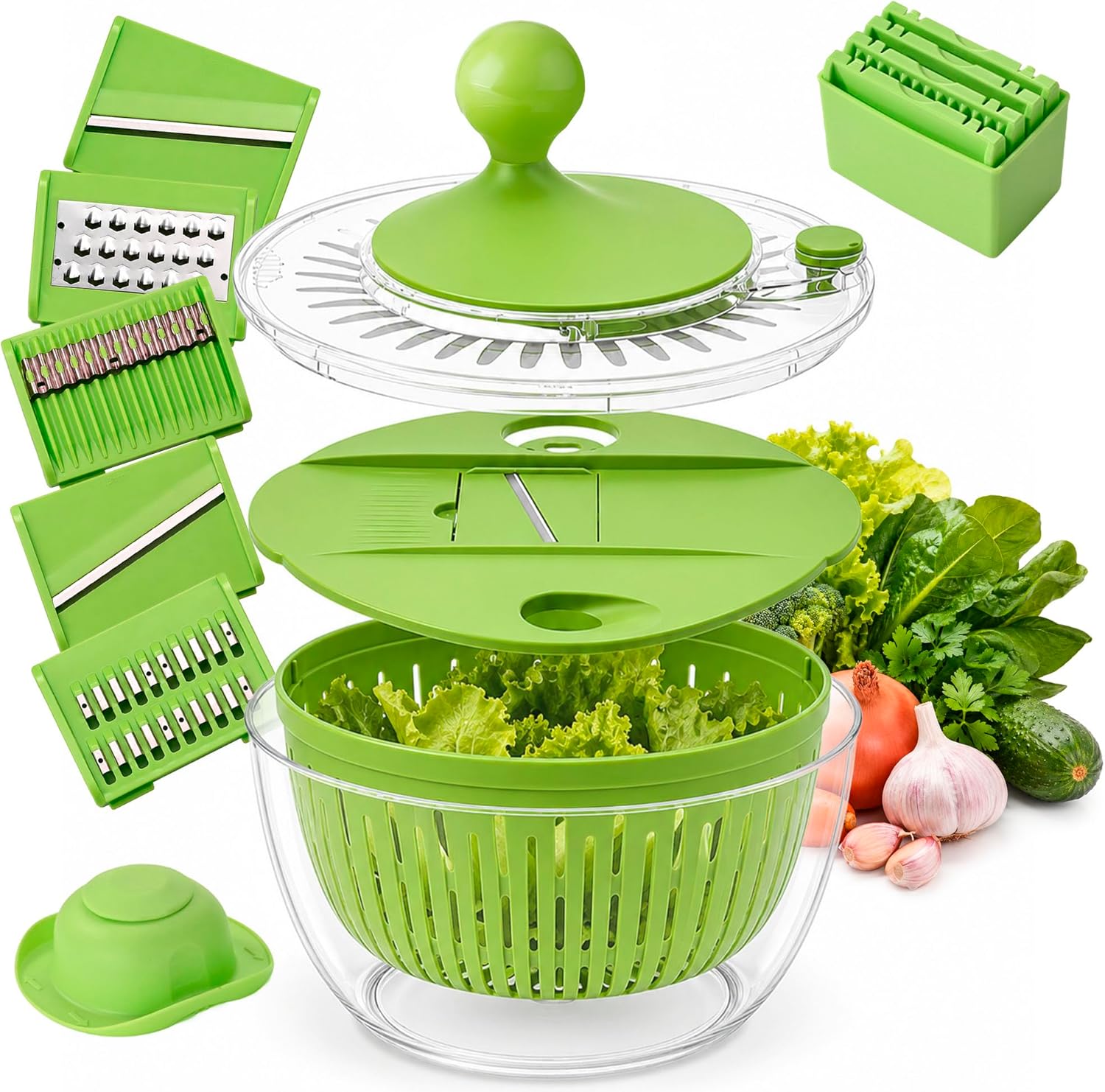 5-in-1 Salad Spinner Large with Lid Vegetable Washer and Dryer Fruit Cleaner Vegetable Chopper & Slicer with 5 Blades, 5 Qt Lettuce Spinner Strainer Shredder Bowl Egg Yolk Separator for Easy Meal Prep
