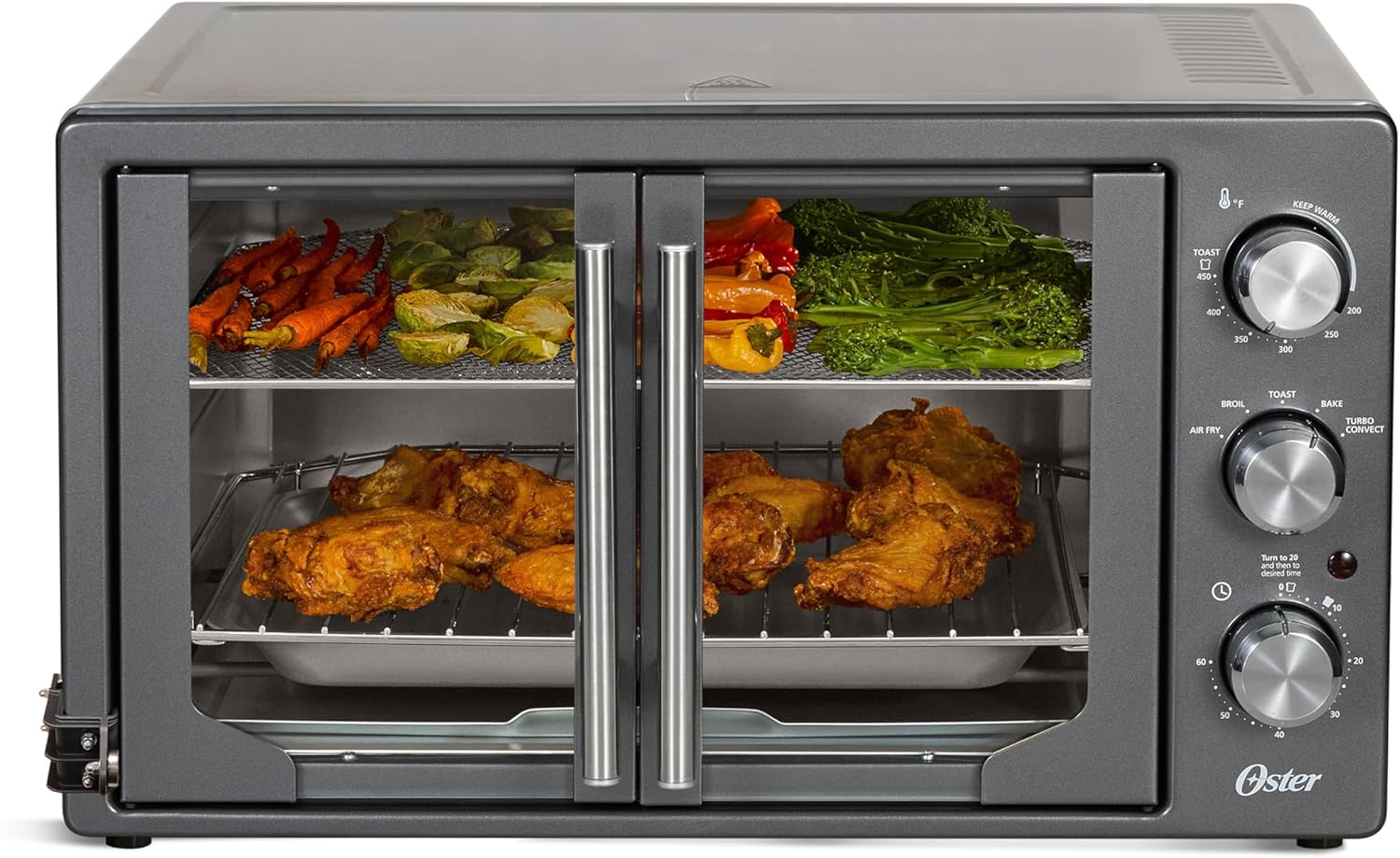 Oster Extra-Large 42L French Door Countertop Toaster Oven, 6-in-1 Air Fryer Oven with Air Fry Rack, Wire Rack, Baking Pan and Crumb Tray, Stainless Steel